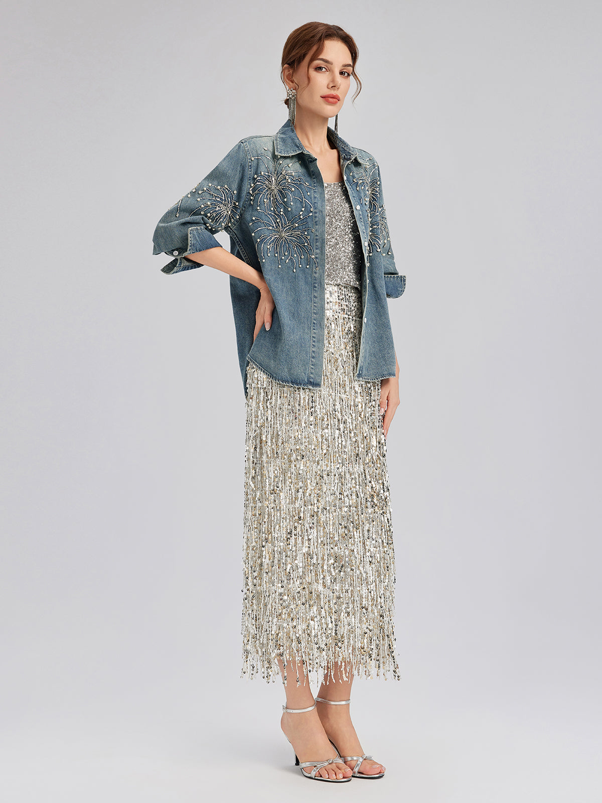 Hand-Beaded Embroidered Denim Shirt