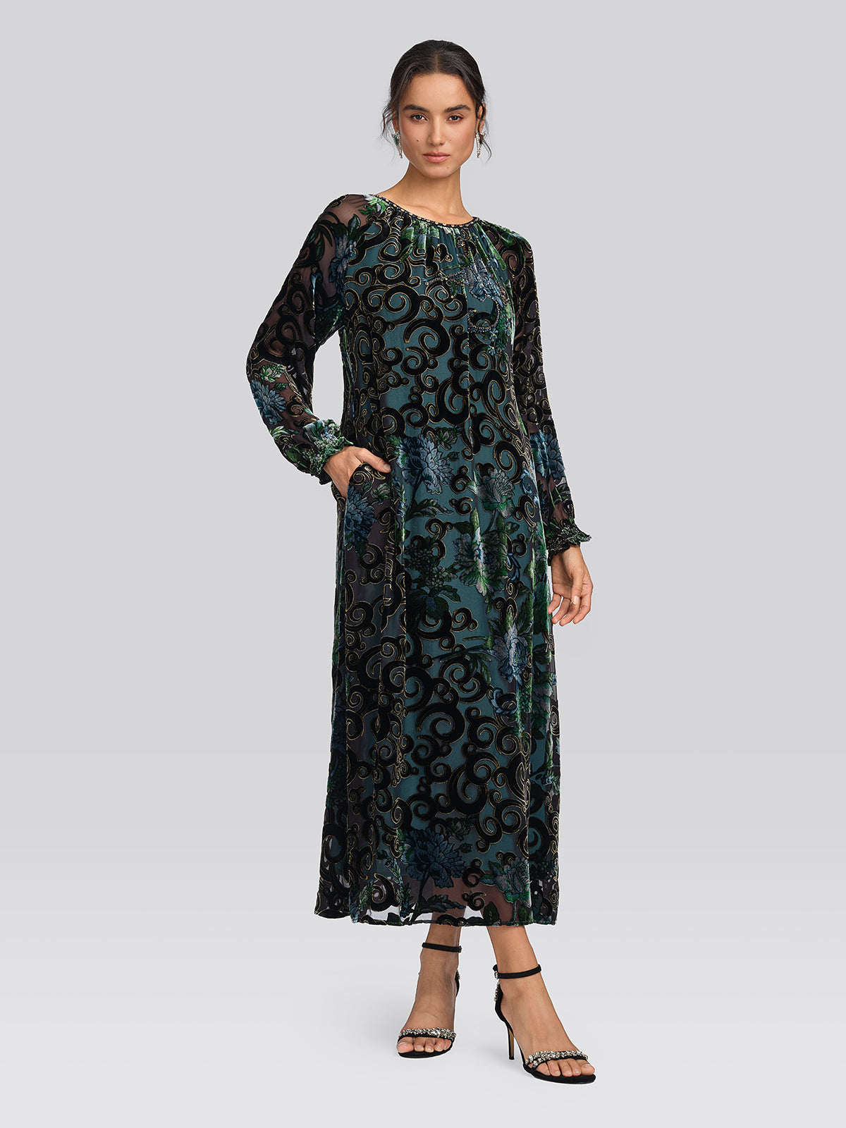 Silk Burnout Velvet Beaded Floral Dress