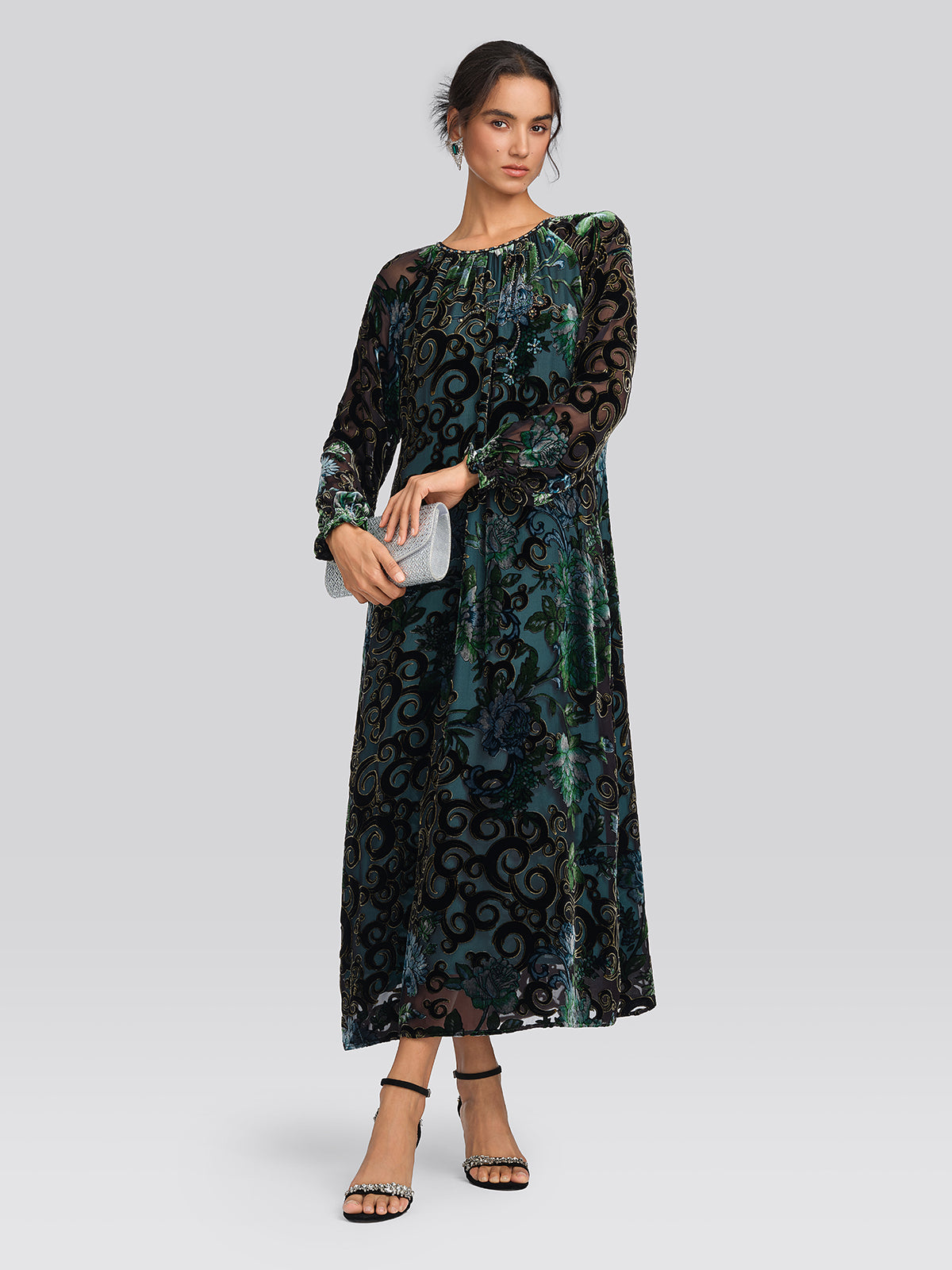 Silk Burnout Velvet Beaded Floral Dress