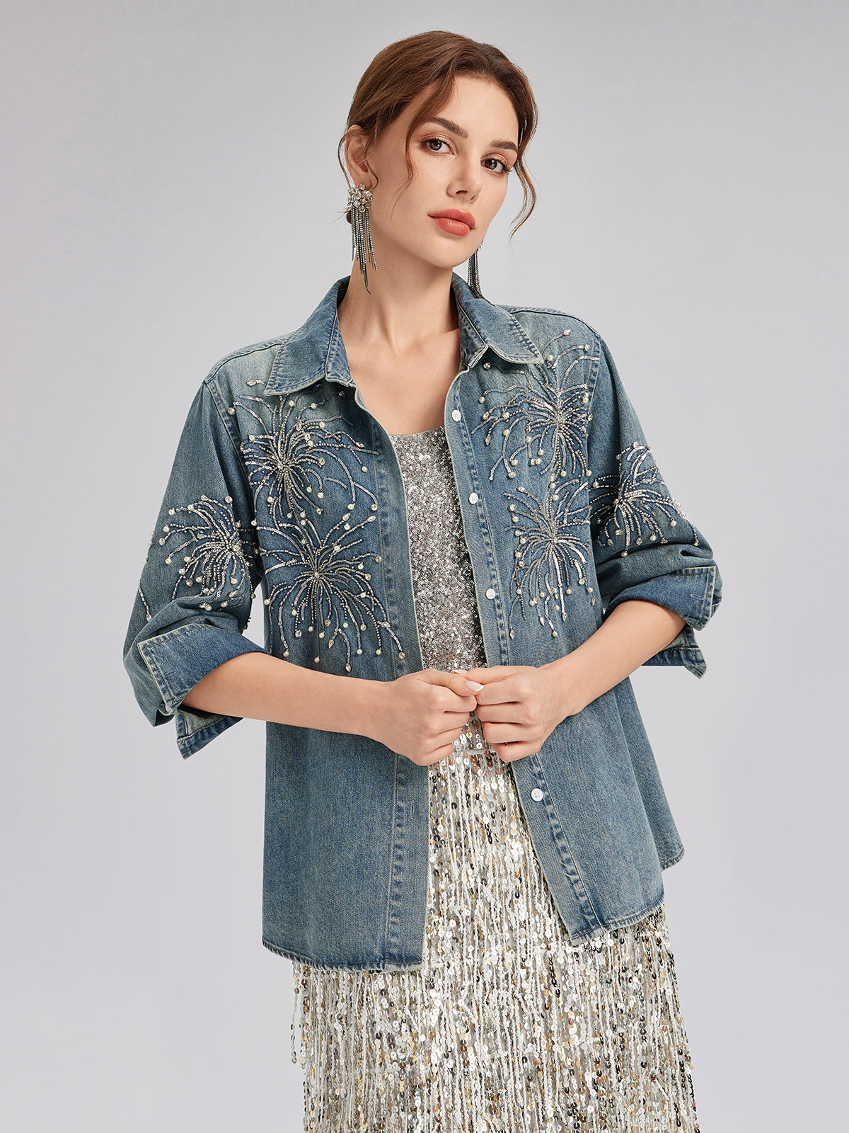 Hand-Beaded Embroidered Denim Shirt