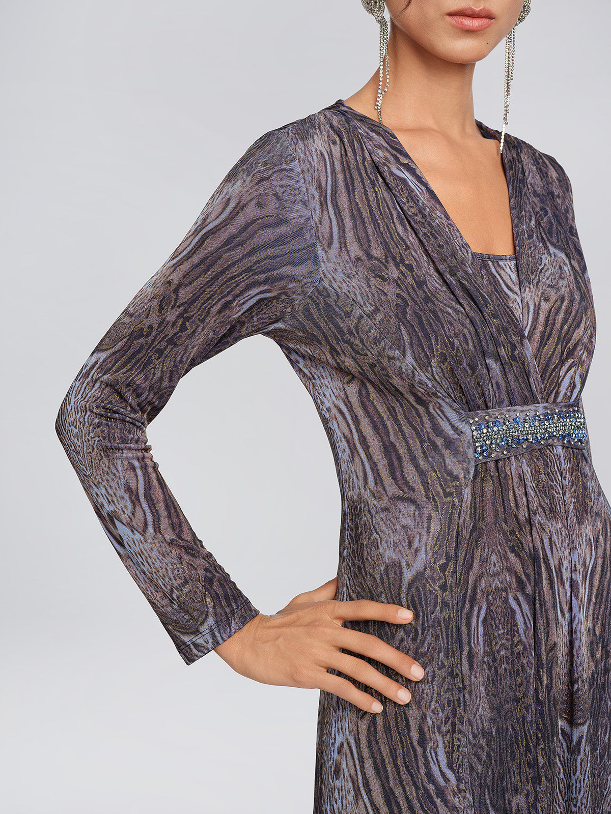 Stretch Knit Leopard Print Beaded Dress