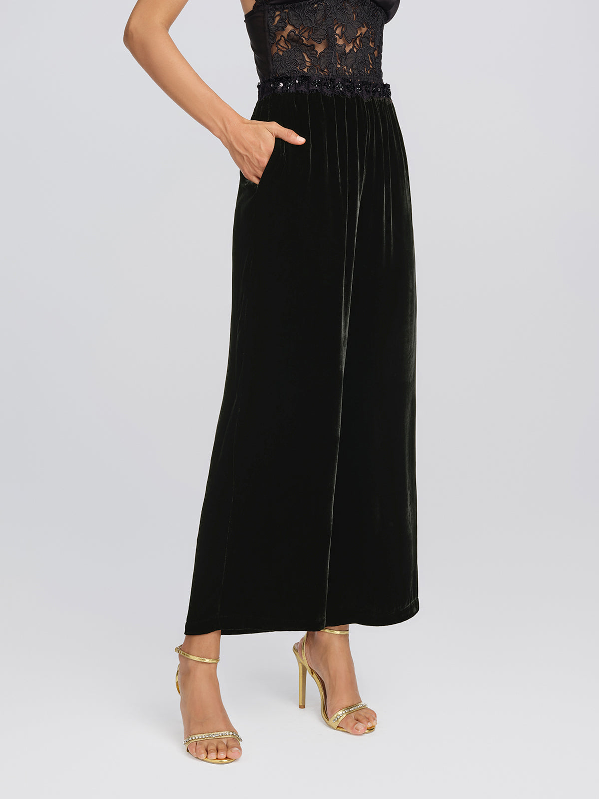 Silk Velvet Hand-Beaded Wide-Leg Pants