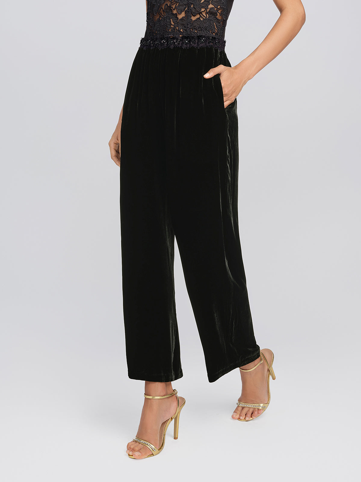Silk Velvet Hand-Beaded Wide-Leg Pants