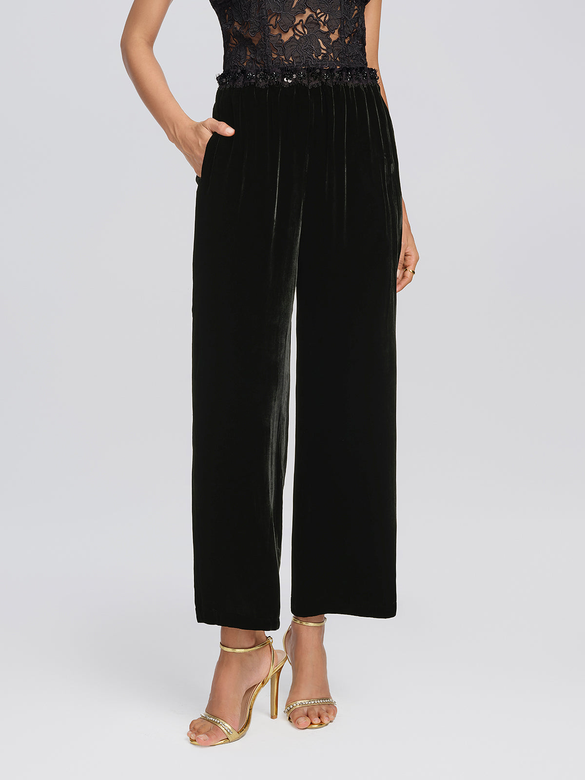 Silk Velvet Hand-Beaded Wide-Leg Pants