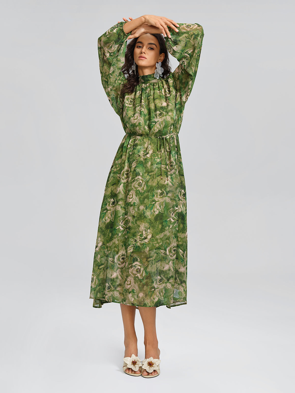 Botanical Print Stand-Collar Relaxed Dress (Waist Tie Included)