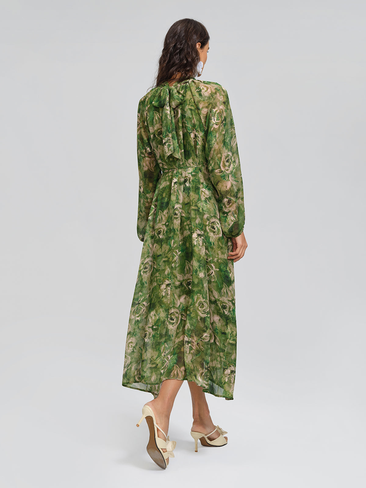Botanical Print Stand-Collar Relaxed Dress (Waist Tie Included)