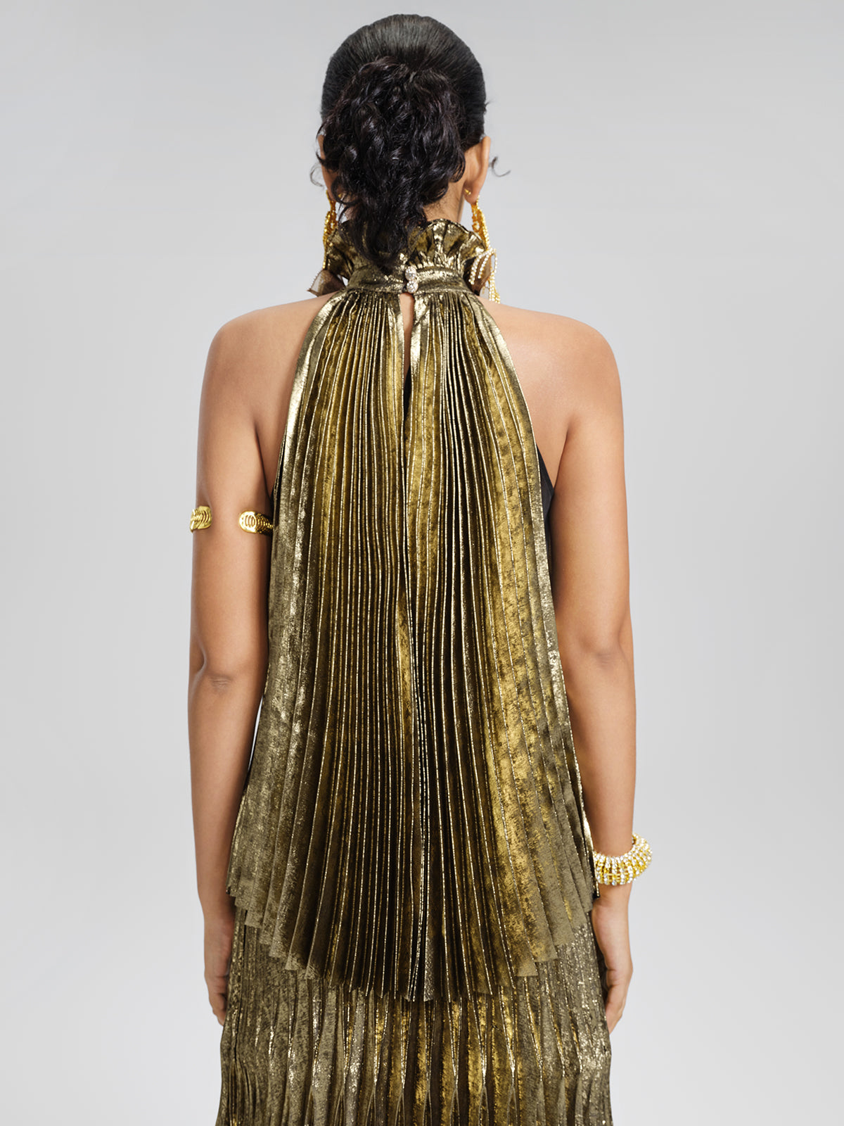 Metallic Pleated Organza-Floral Blouse