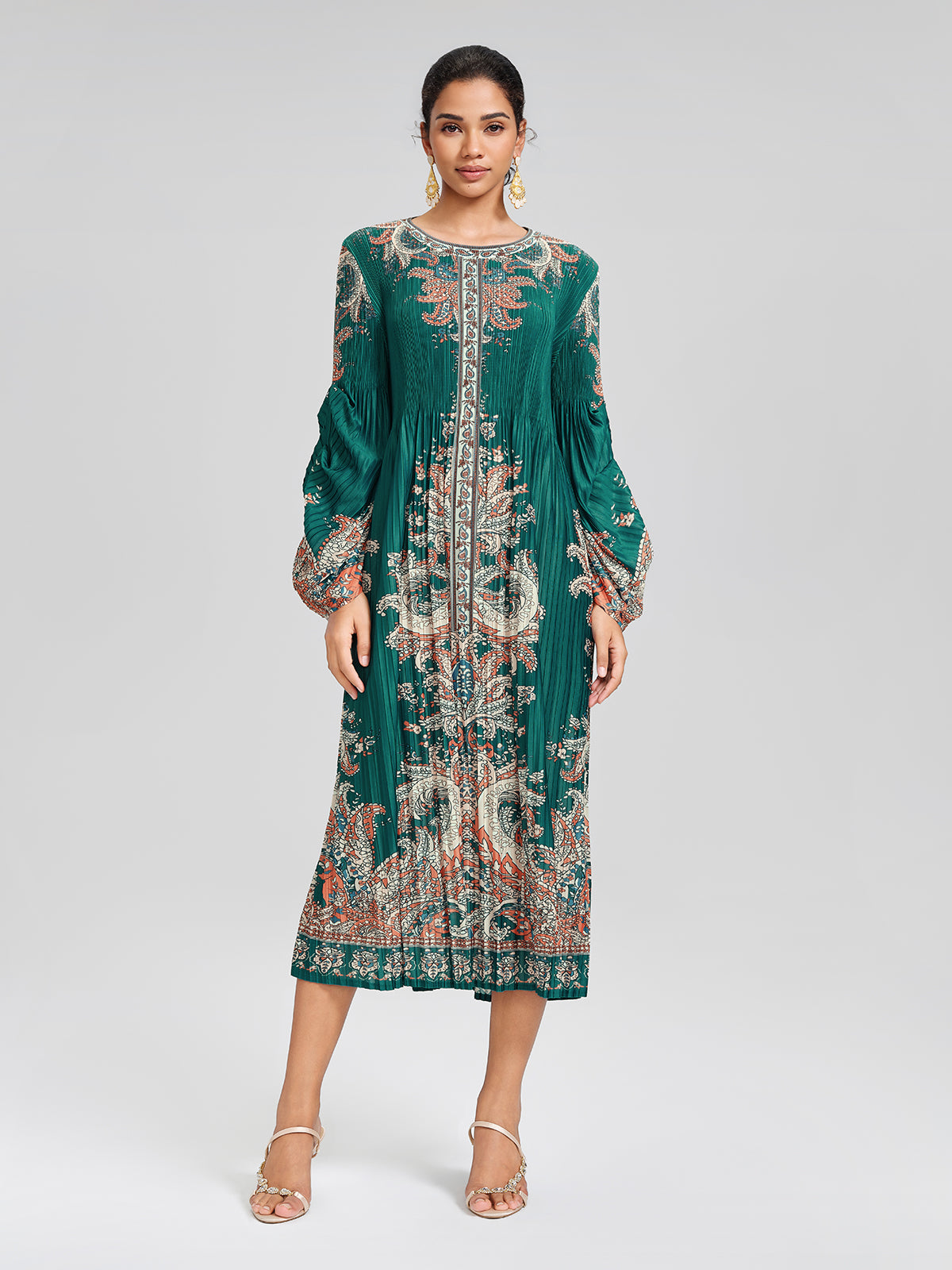 Printed Pleated Lantern Sleeve Dress