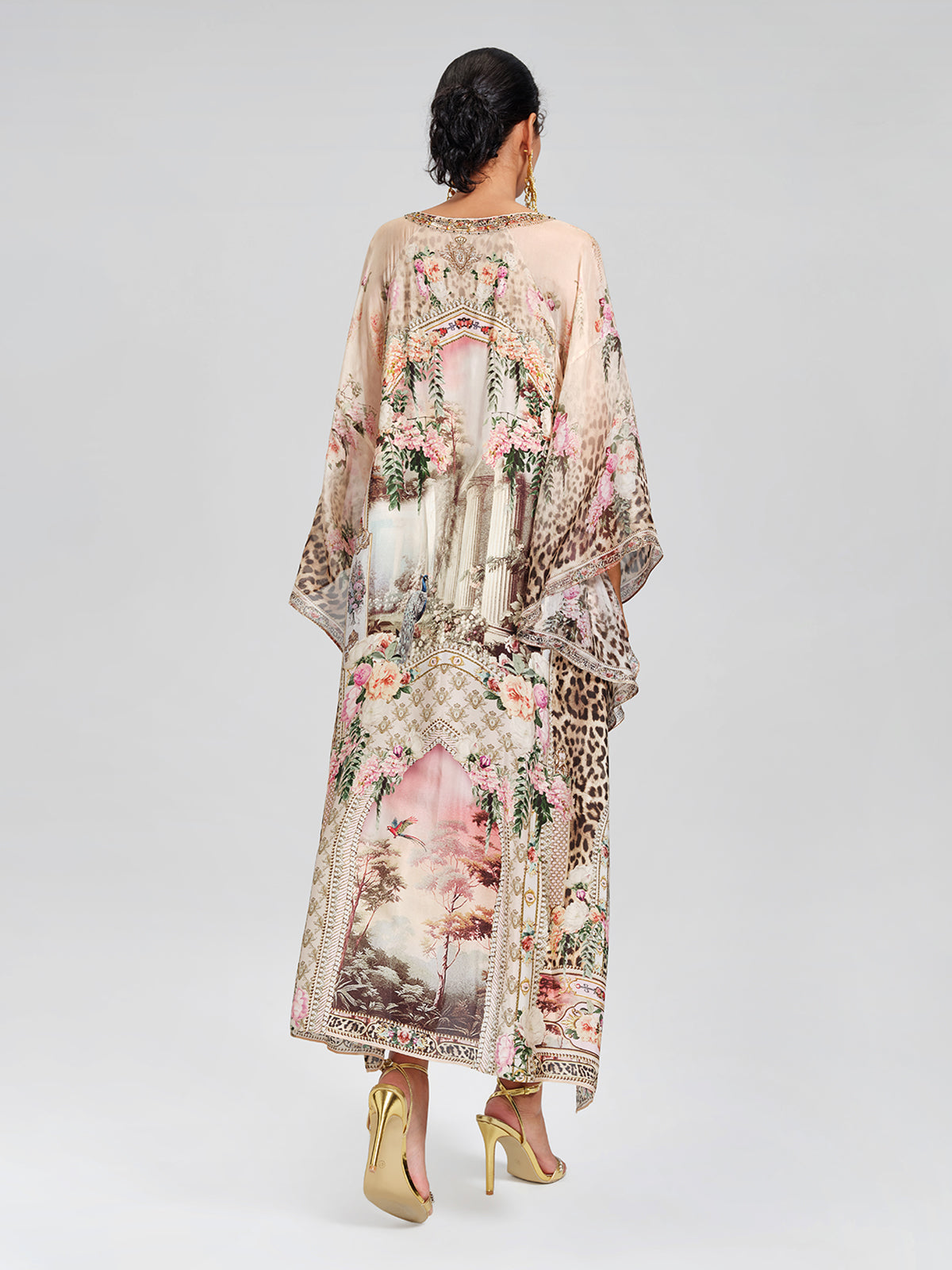 100% Silk Leopard-Floral Batwing-Sleeve Dress