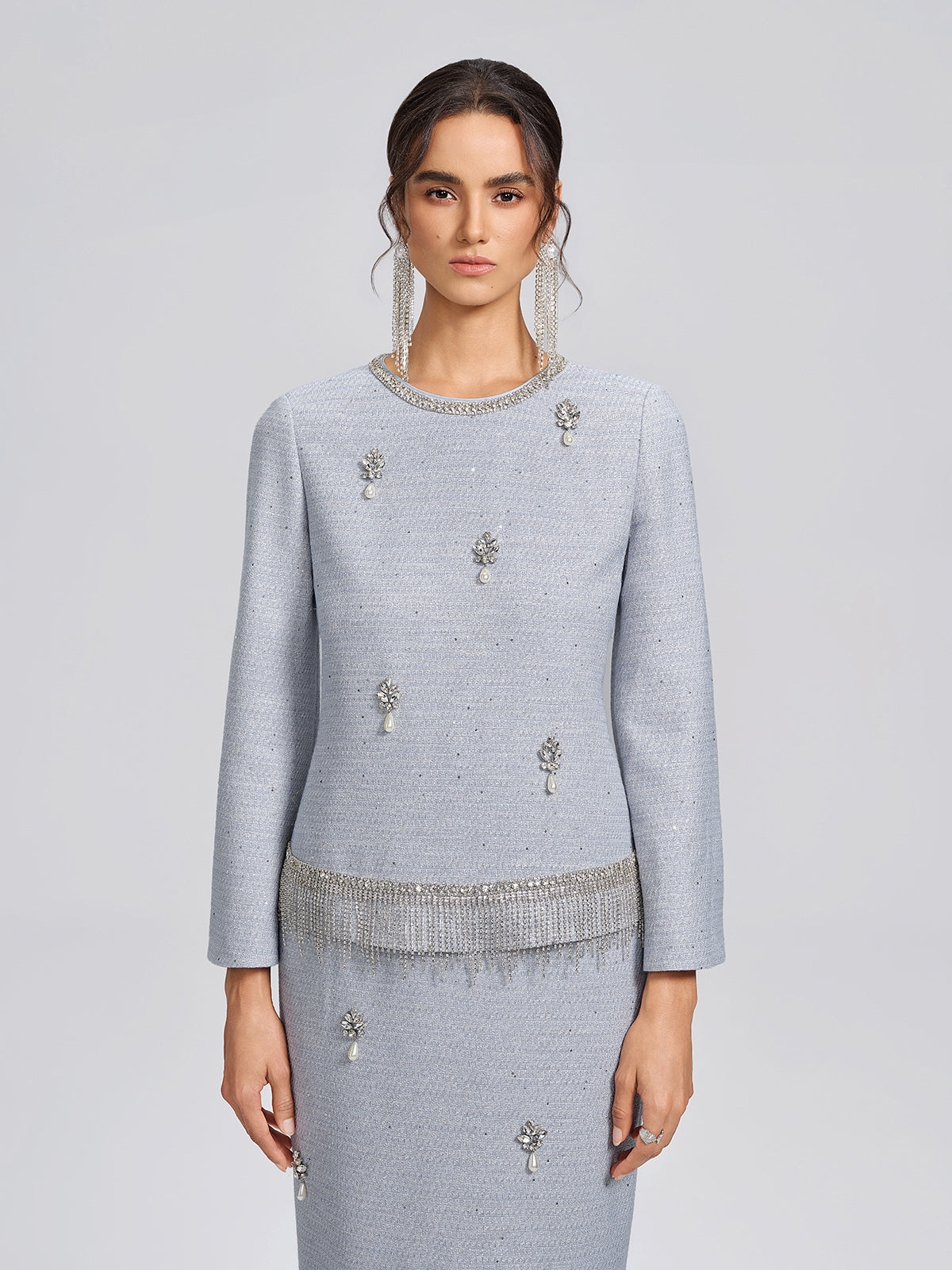 Textured Tweed Pearl Beaded Blouse