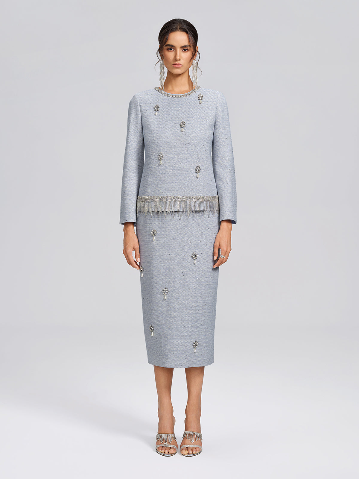 Textured Tweed Beaded Straight Skirt
