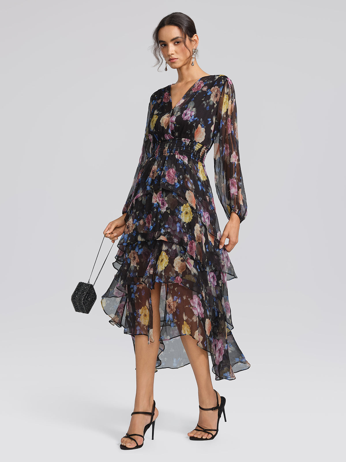 Printed Silk Elastic-Waist Tiered Dress