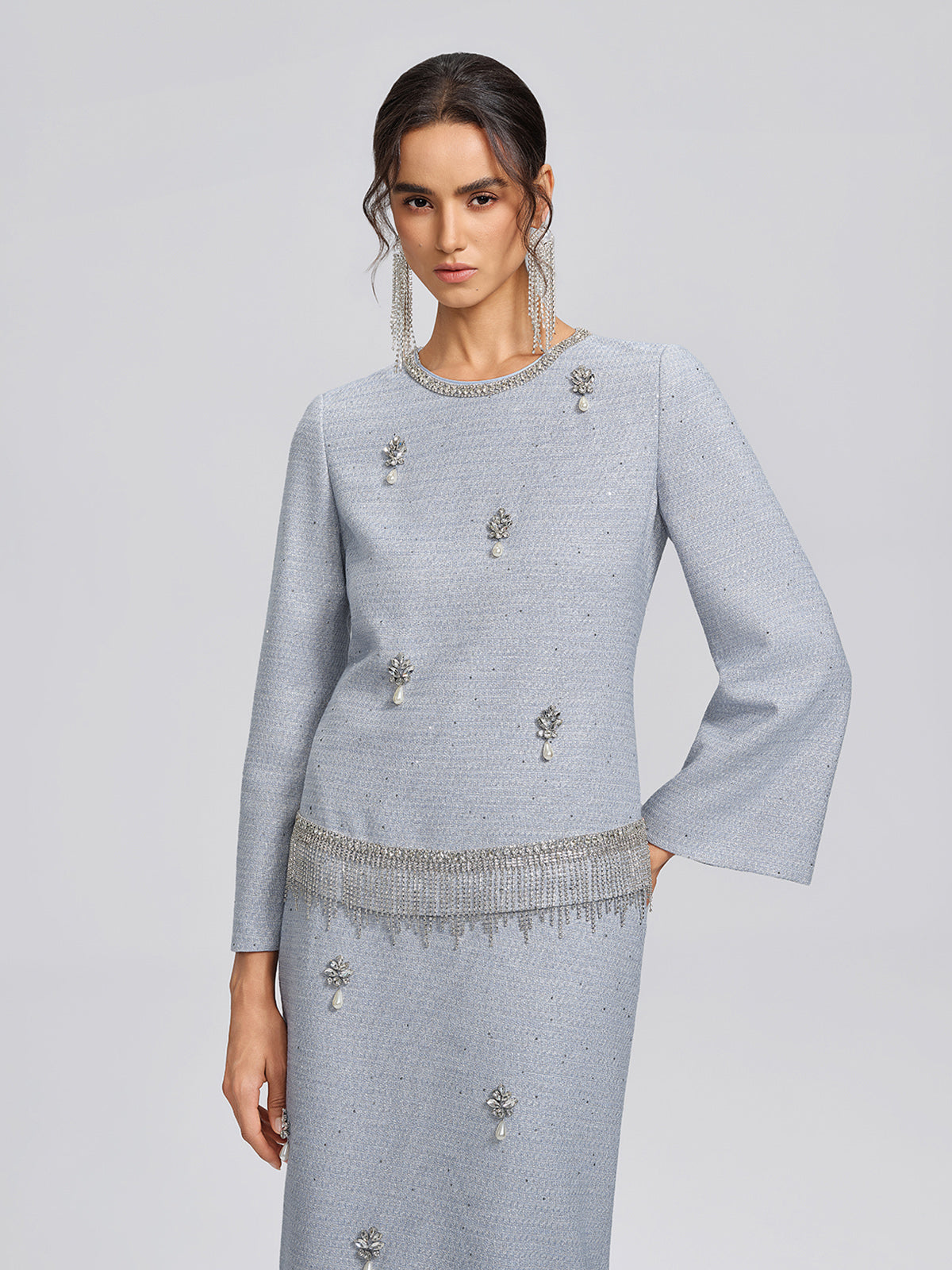 Textured Tweed Pearl Beaded Blouse