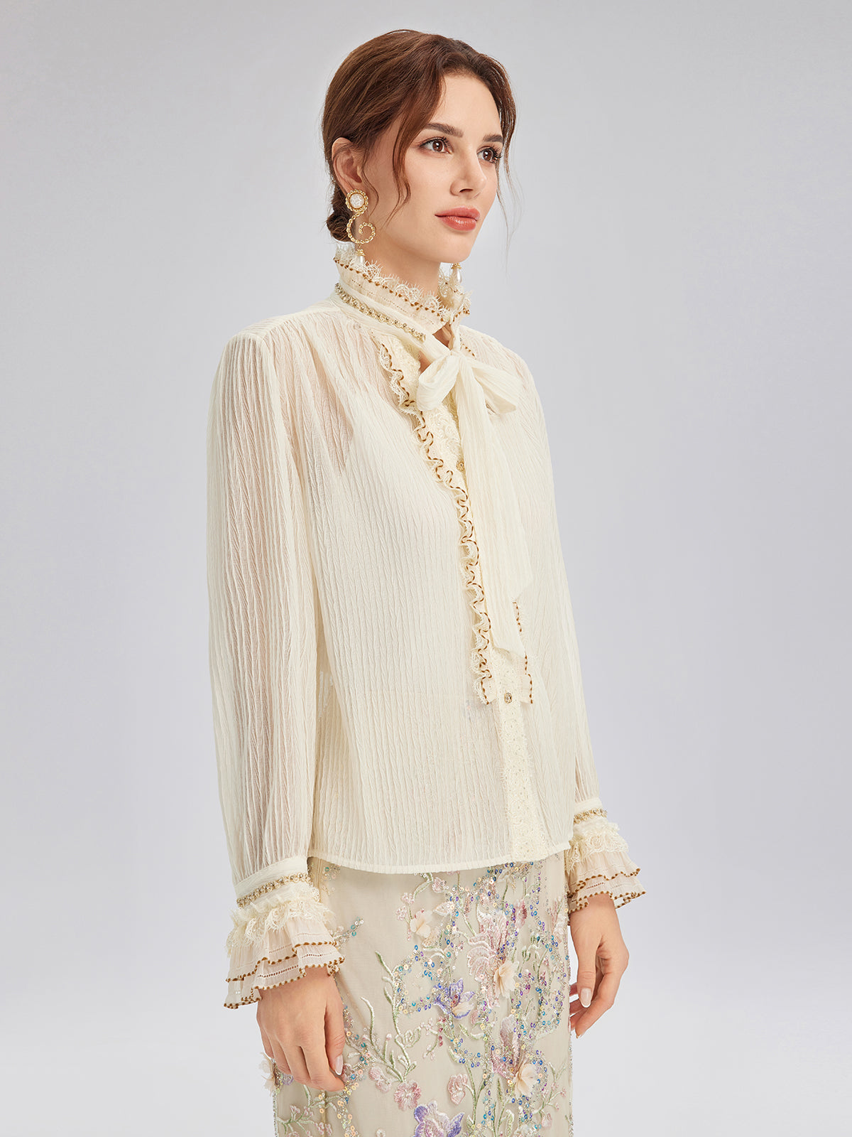 Pleated Lace-Ruffle Trim Bow-Tie Blouse