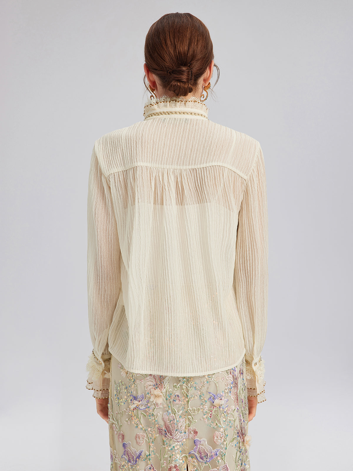 Pleated Lace-Ruffle Trim Bow-Tie Blouse