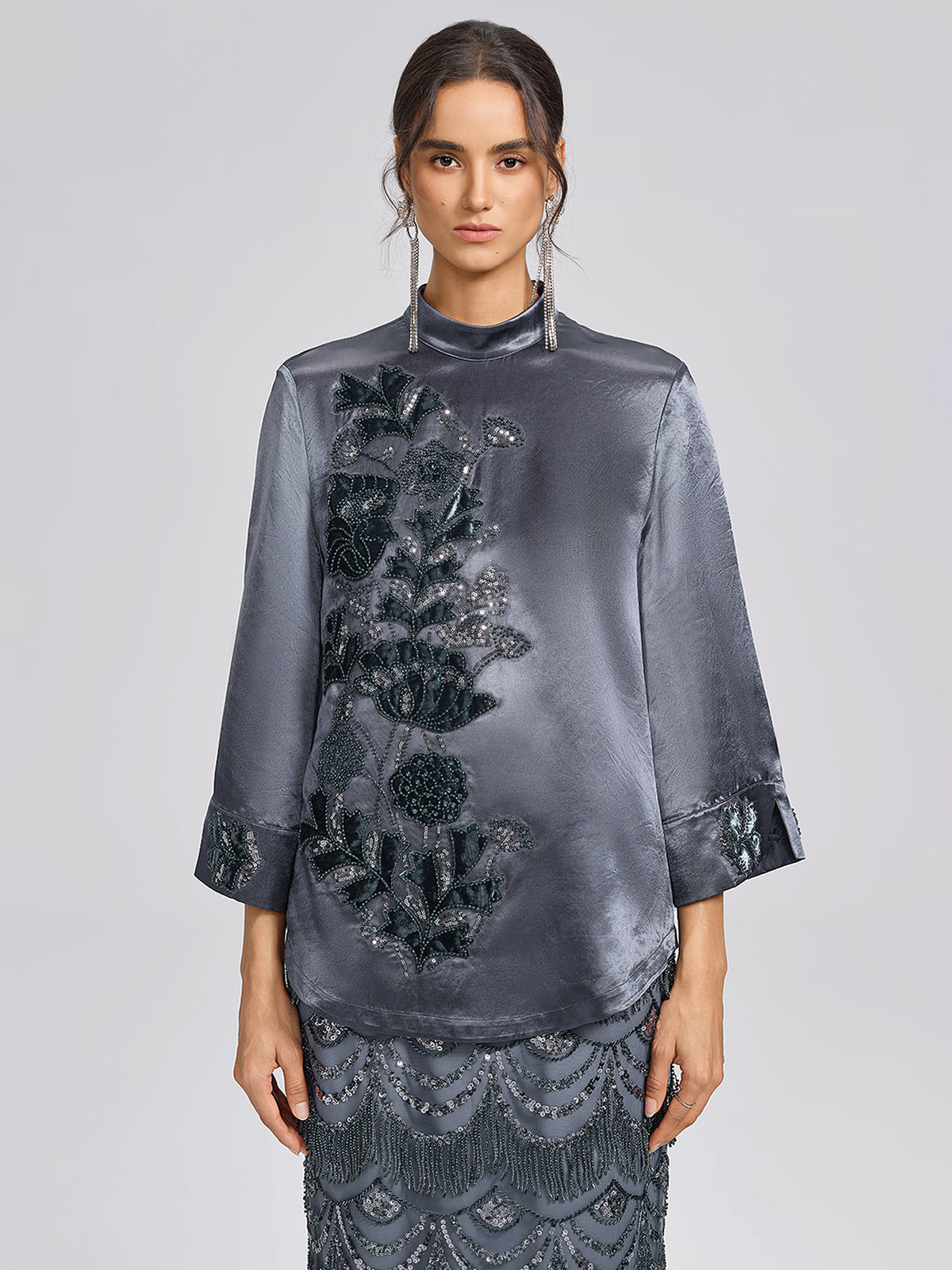 Satin Floral Embroidery Mandarin Collar Blouse