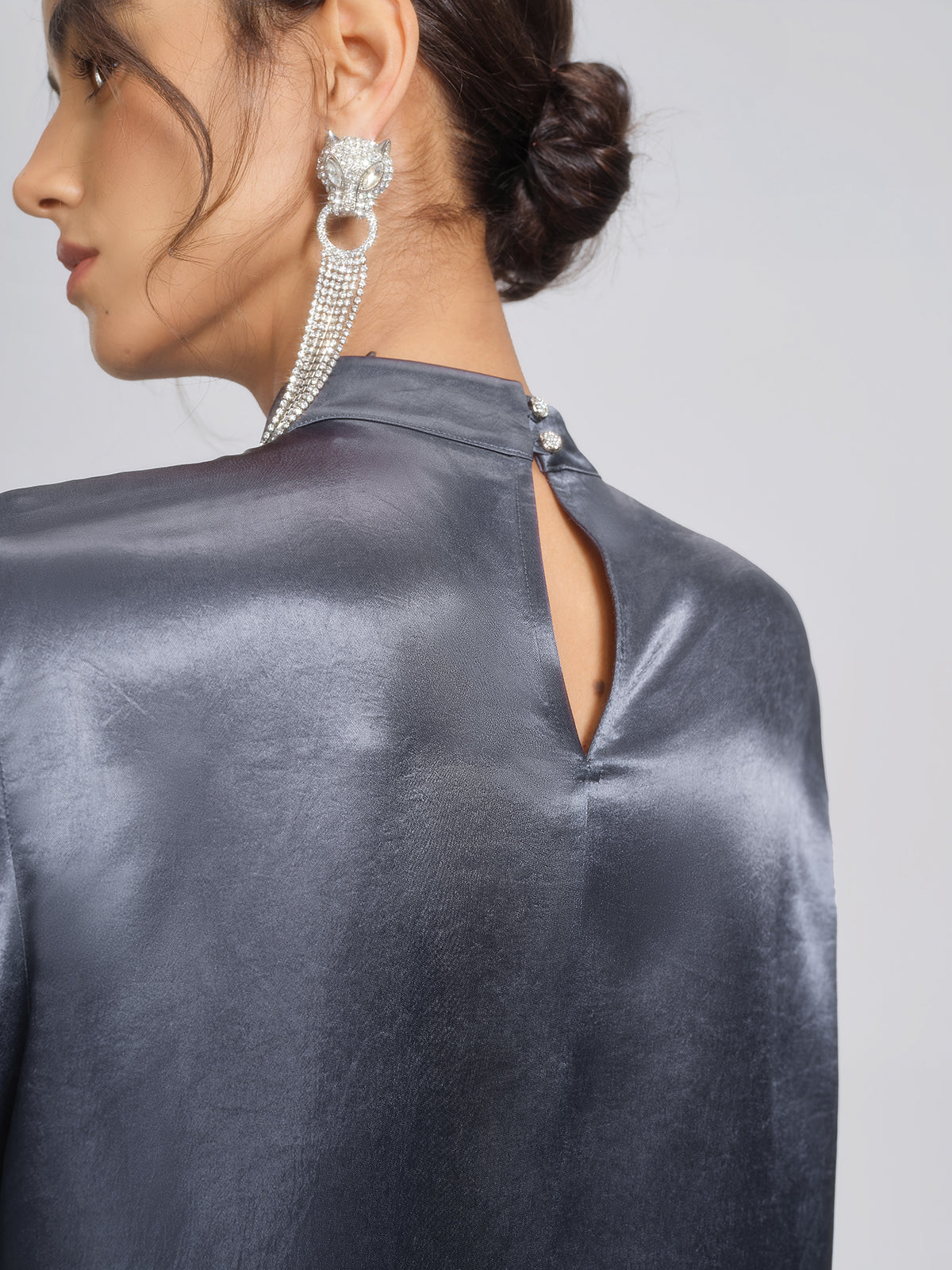 Satin Floral Embroidery Mandarin Collar Blouse