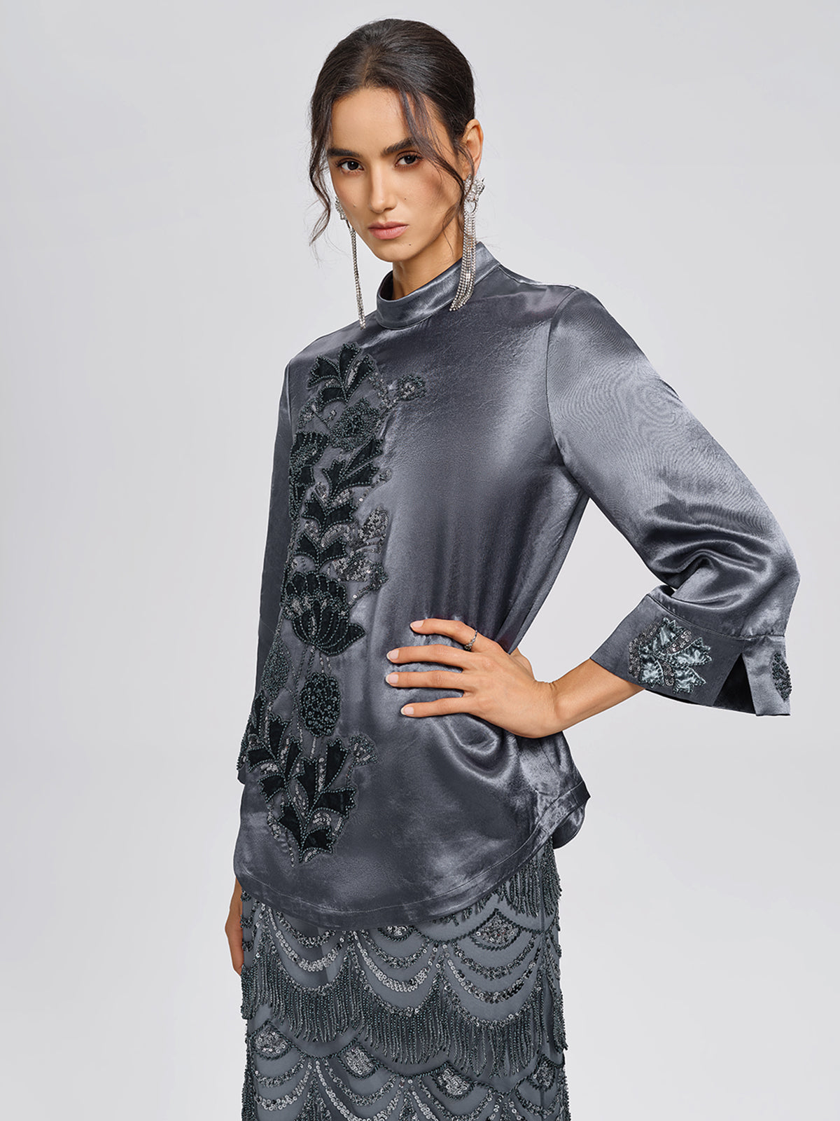 Satin Floral Embroidery Mandarin Collar Blouse
