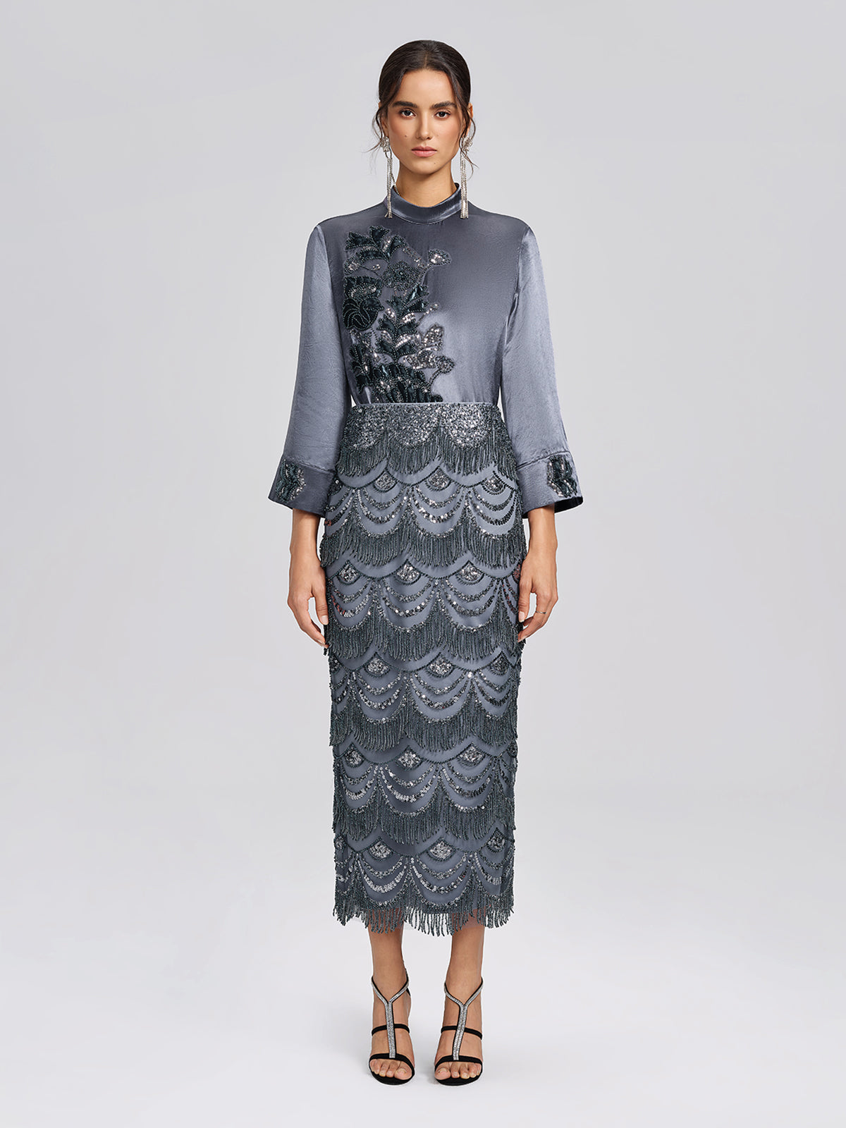 Satin Floral Embroidery Mandarin Collar Blouse