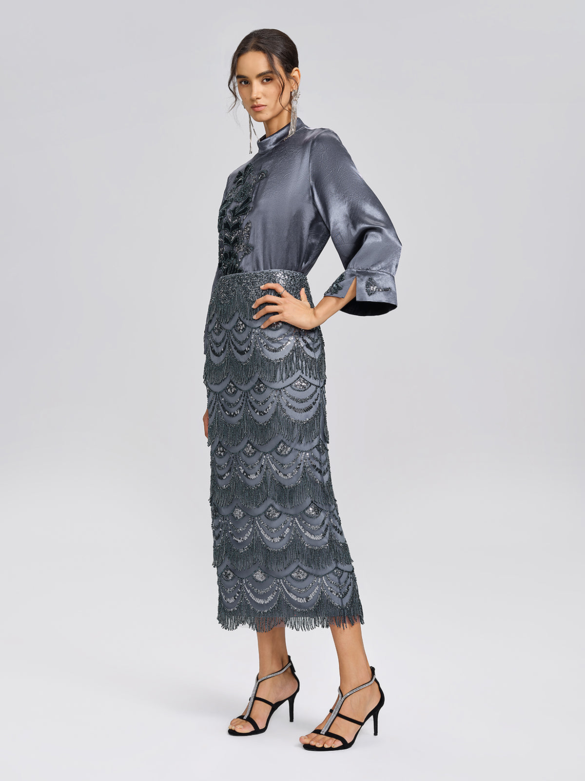 Satin Floral Embroidery Mandarin Collar Blouse