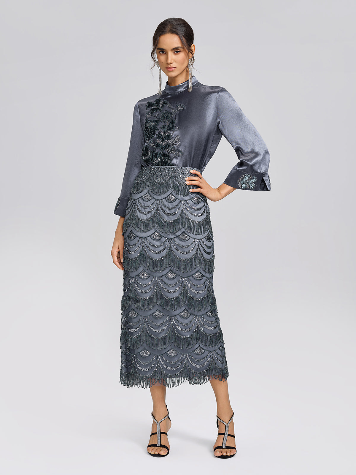Satin Floral Embroidery Mandarin Collar Blouse