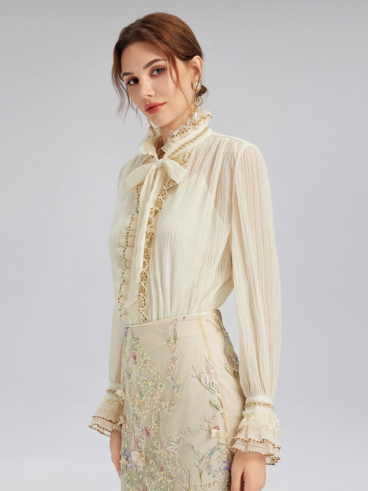 Pleated Lace-Ruffle Trim Bow-Tie Blouse