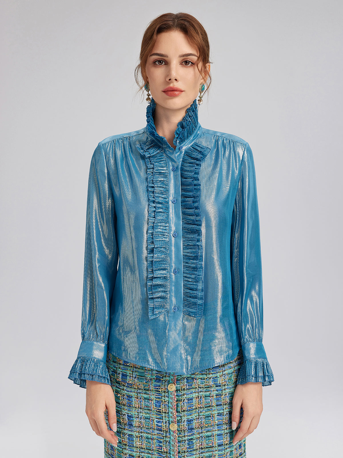 Silk Metallic-Sheen Pleated Shirt
