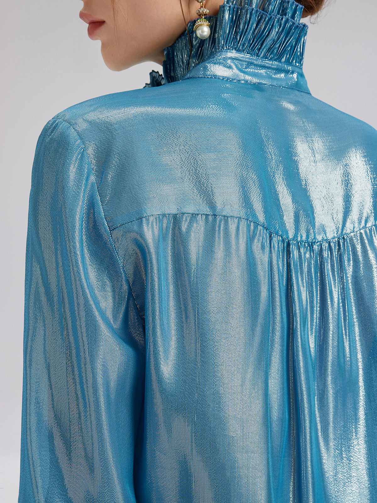 Silk Metallic-Sheen Pleated Shirt