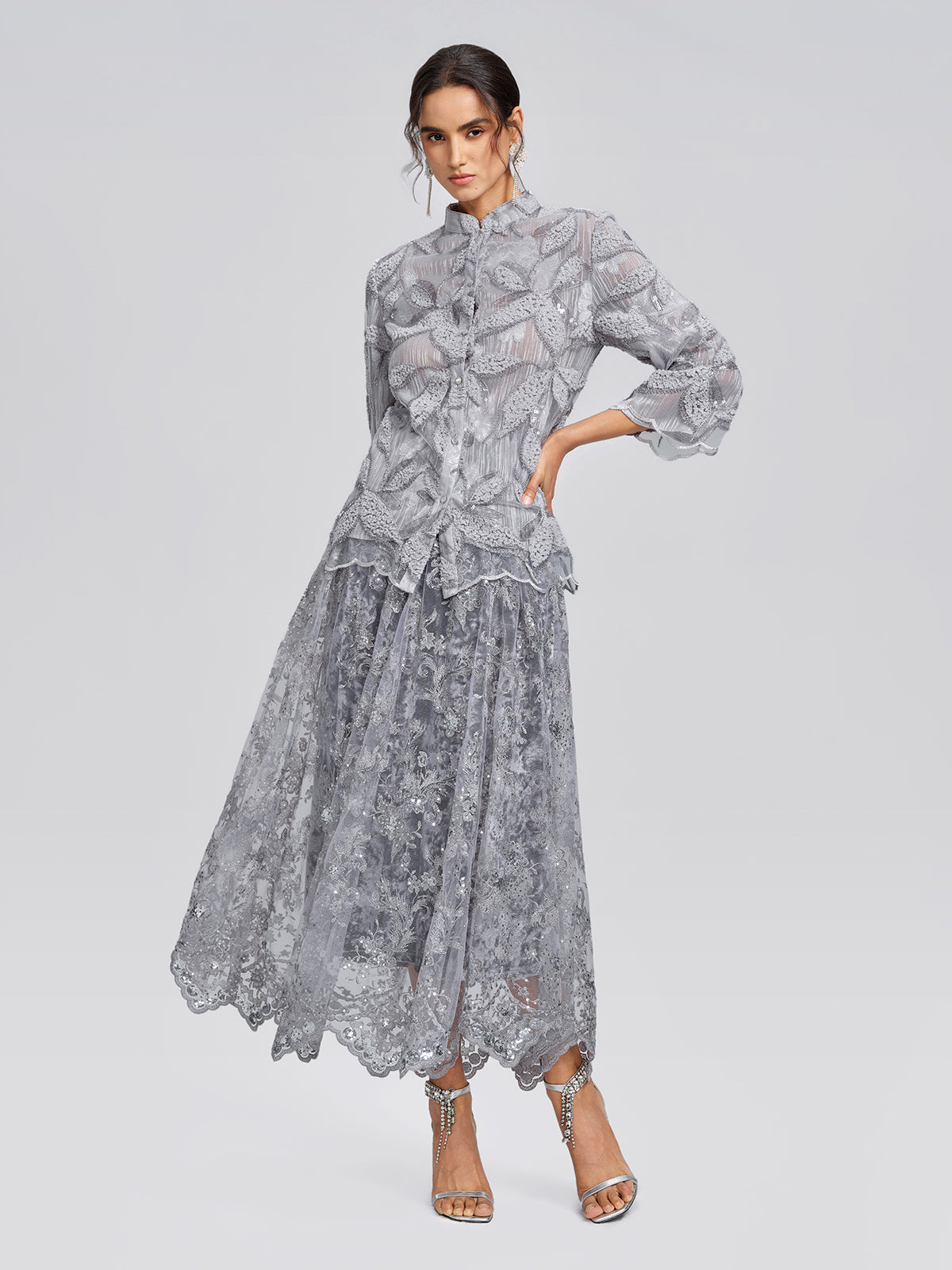 Mesh Leaf Embroidery Mandarin Collar Blouse