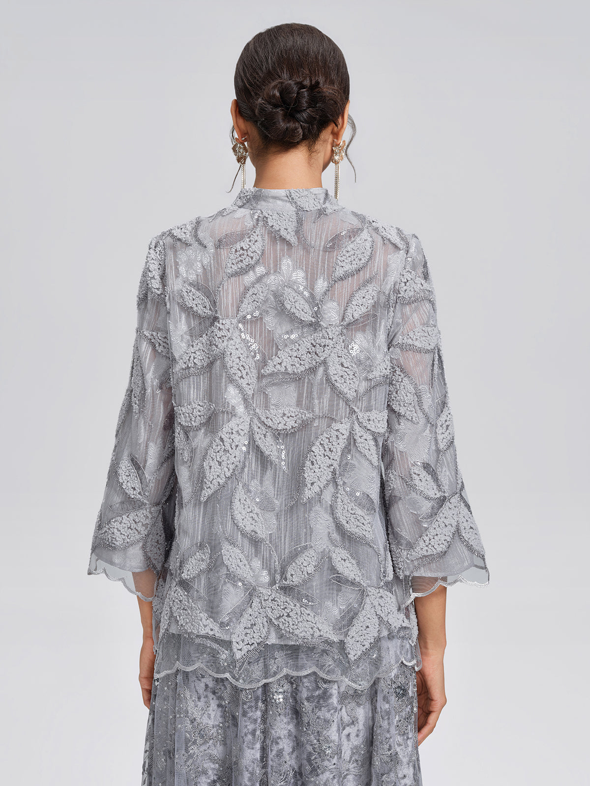 Mesh Leaf Embroidery Mandarin Collar Blouse