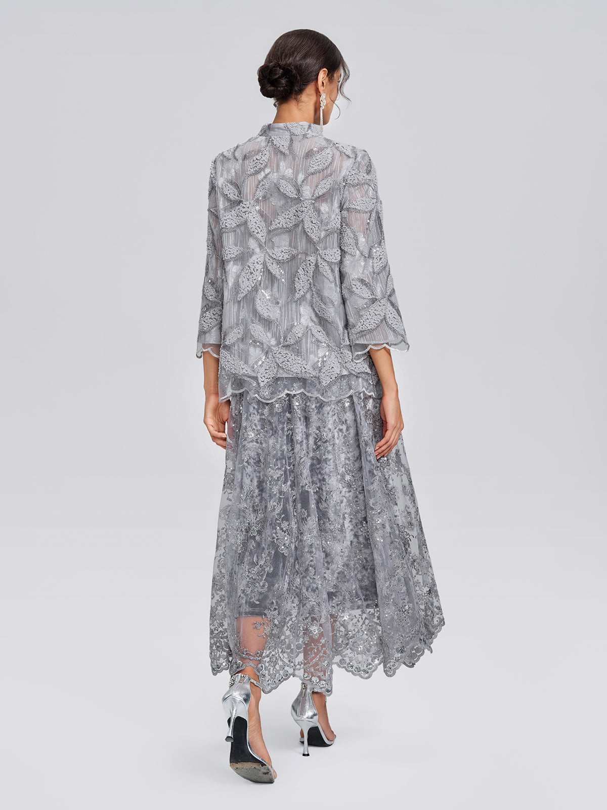 Mesh Leaf Embroidery Mandarin Collar Blouse