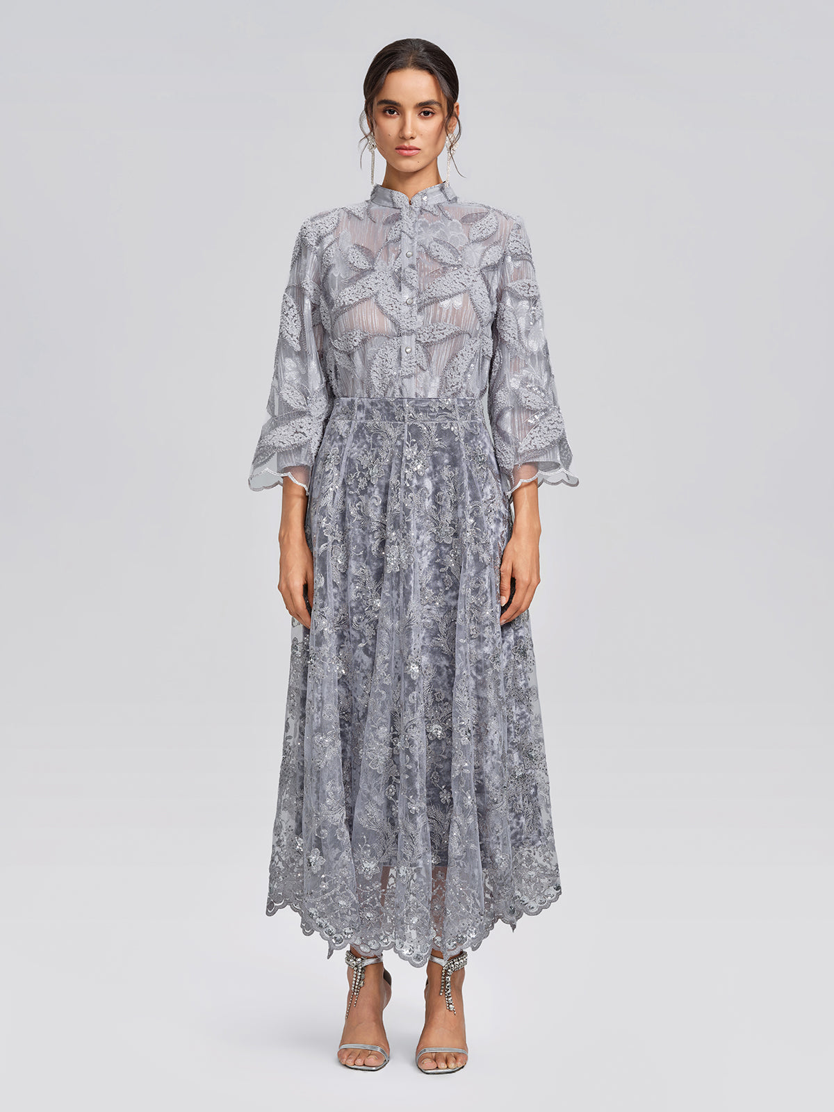 Mesh Leaf Embroidery Mandarin Collar Blouse
