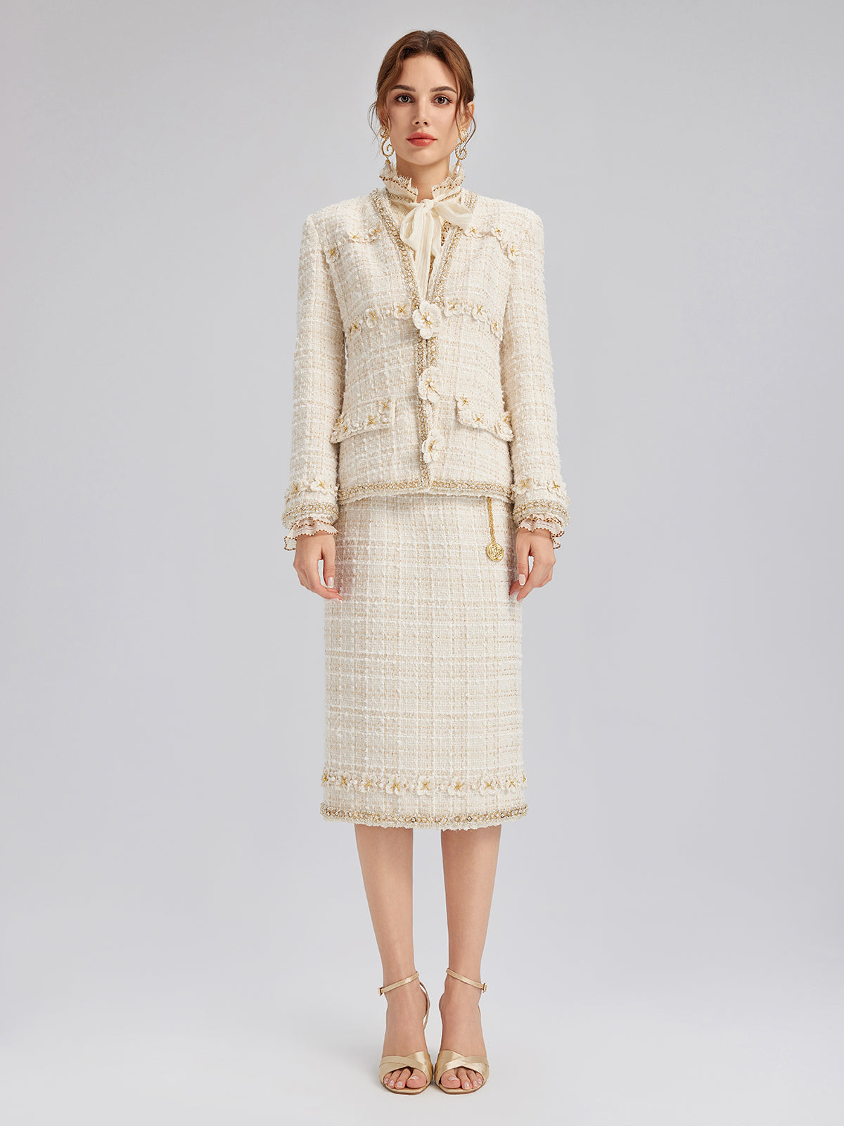 Two-Tone Check Tweed Hand-Beaded Floral Jacket (Matching Scrunchie Included)