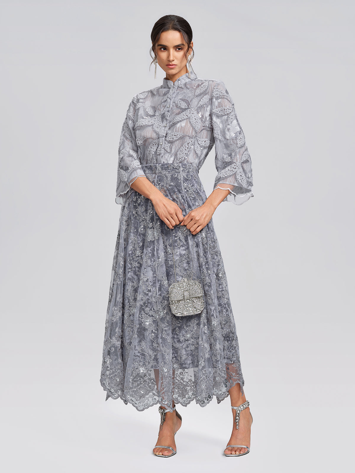 Mesh Leaf Embroidery Mandarin Collar Blouse