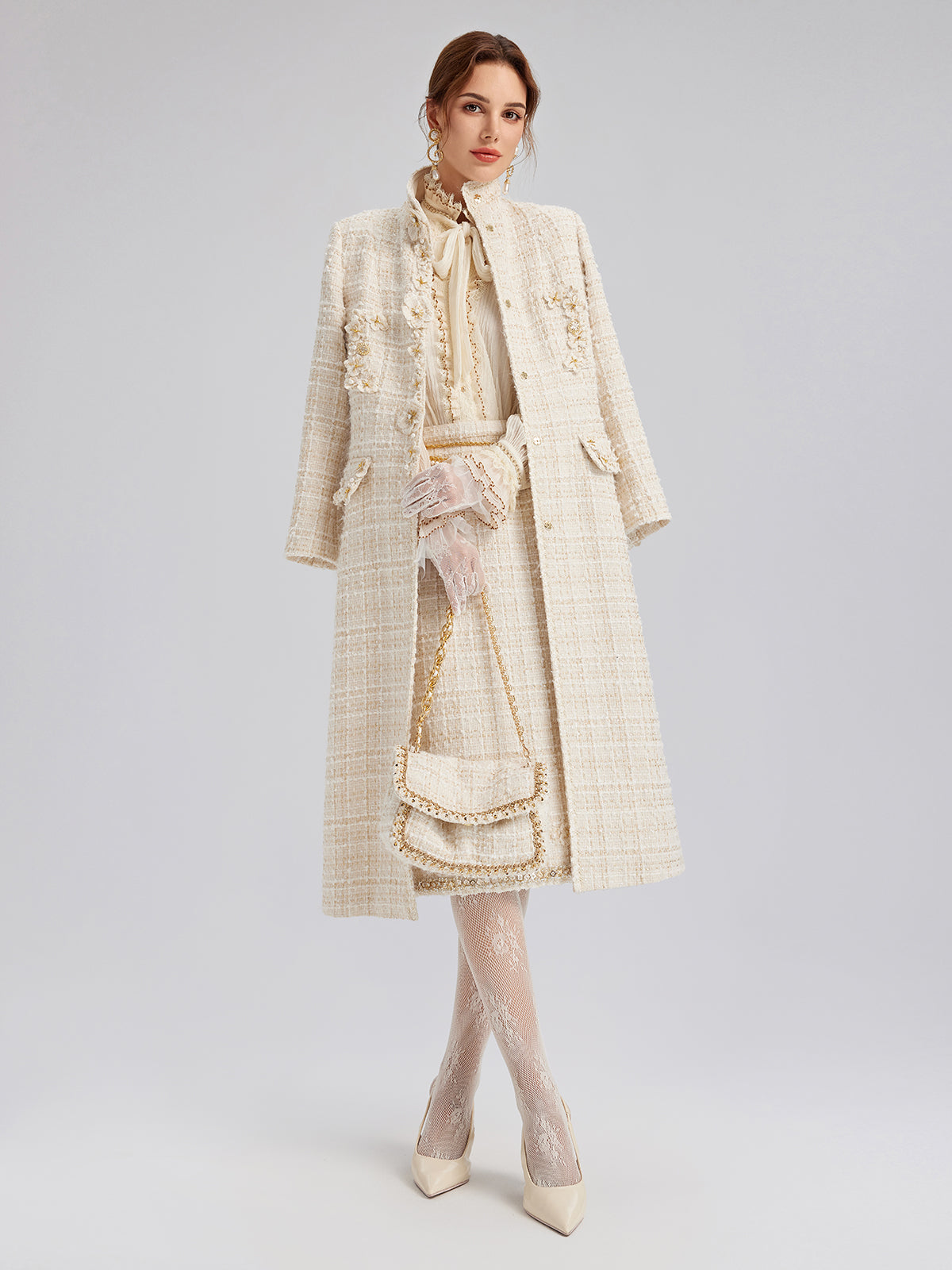 Two-Tone Check Tweed Hand-Beaded Floral Skirt