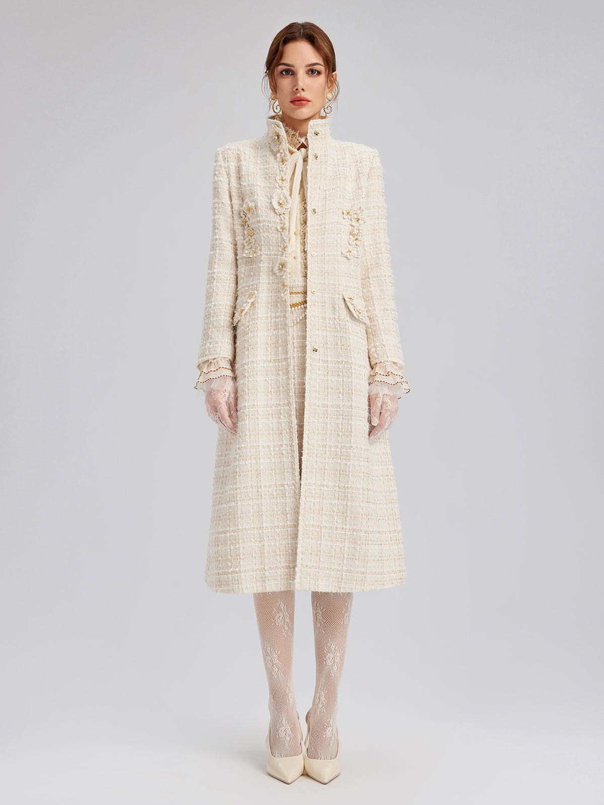 Two-Tone Check Tweed Hand-Beaded Floral Coat