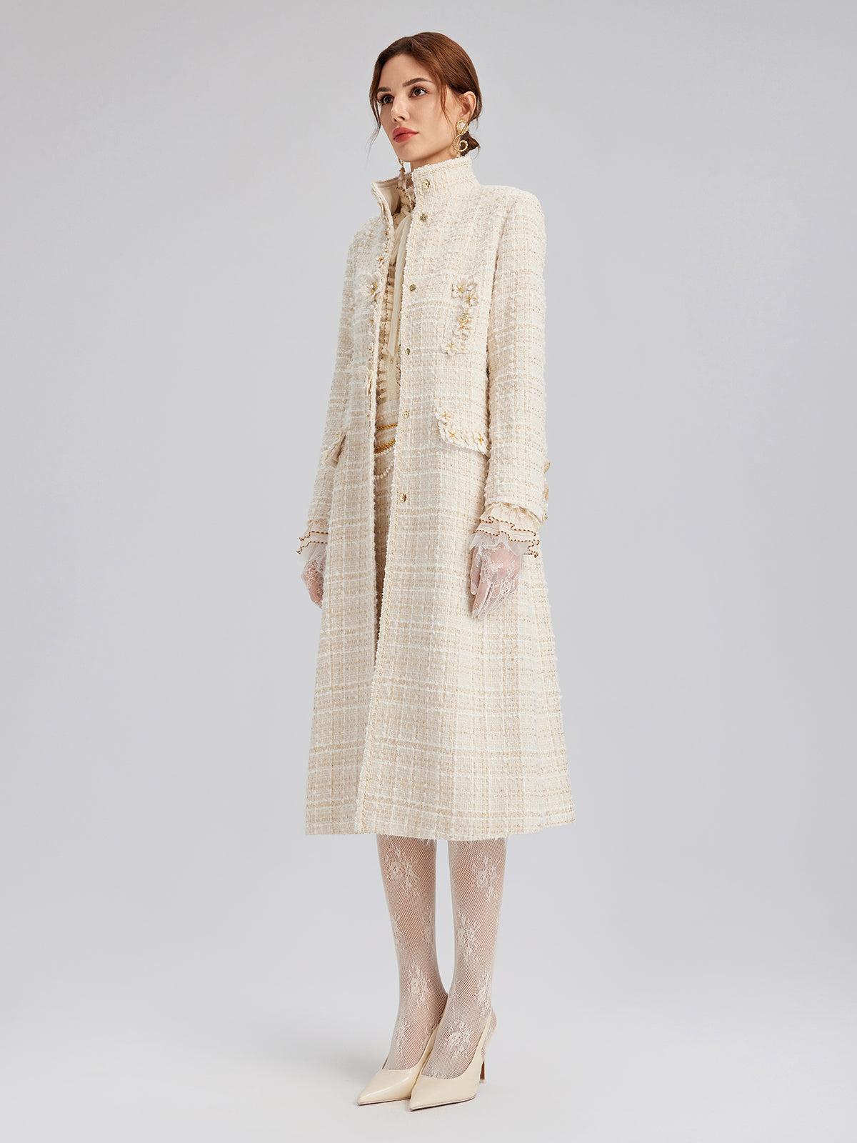 Two-Tone Check Tweed Hand-Beaded Floral Coat