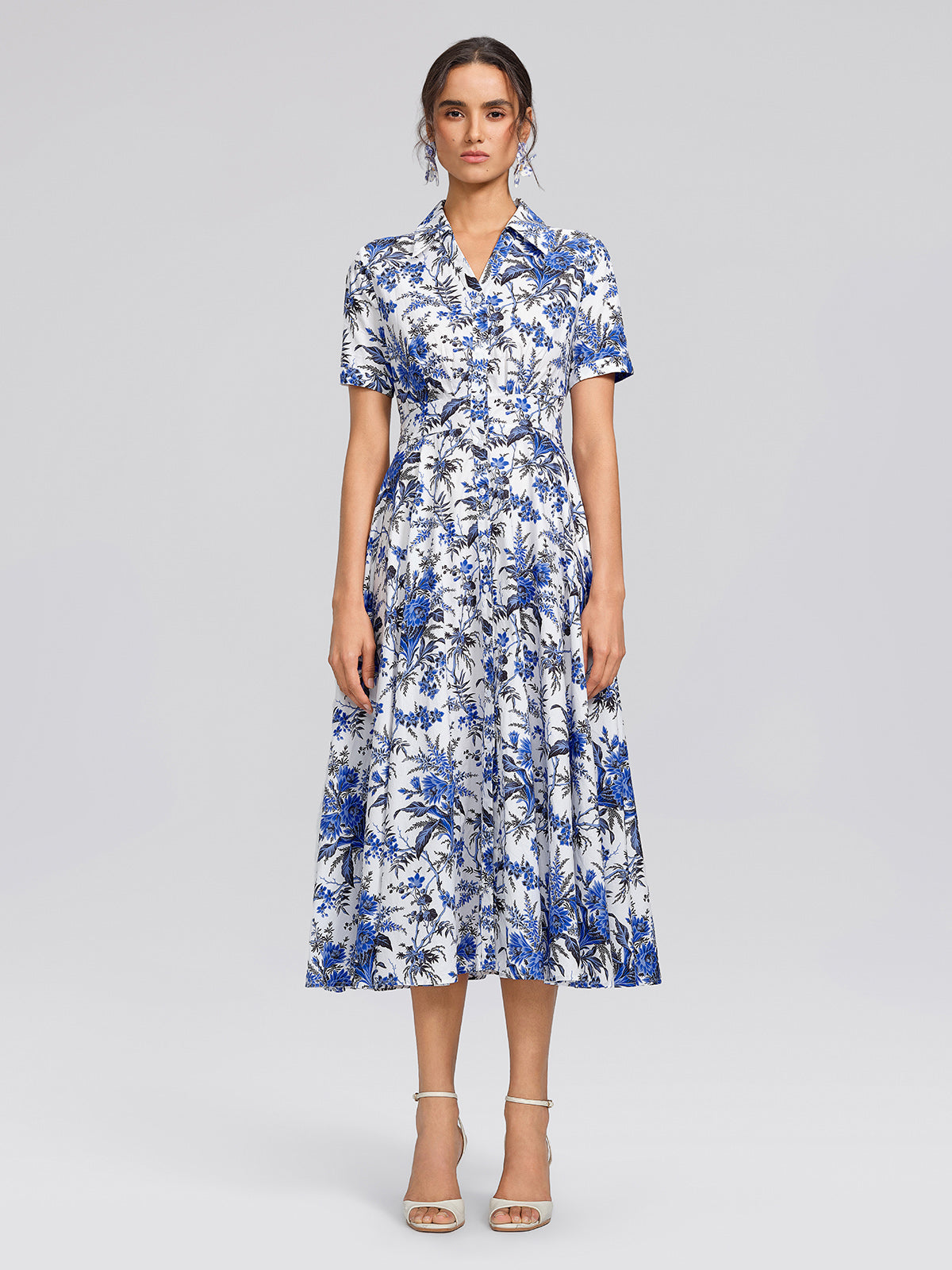 100% Cotton Collared High-Waisted Print Dress