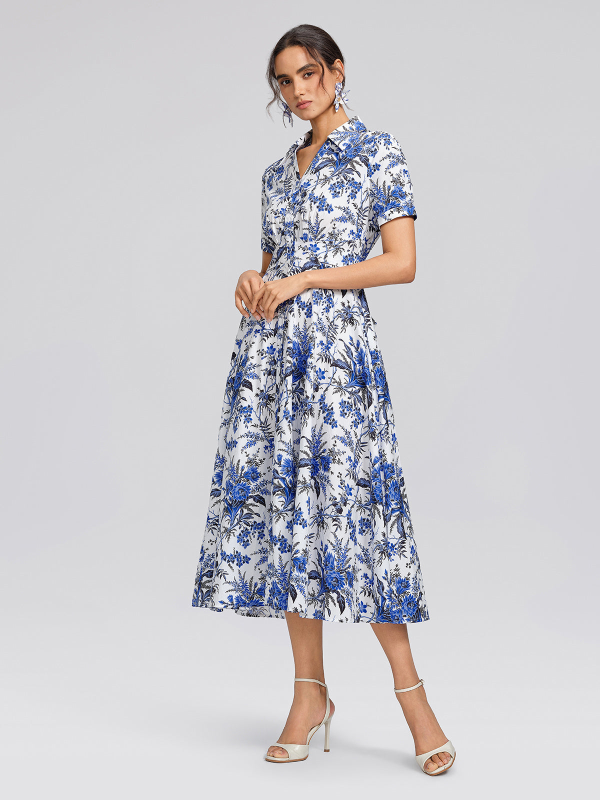 100% Cotton Collared High-Waisted Print Dress