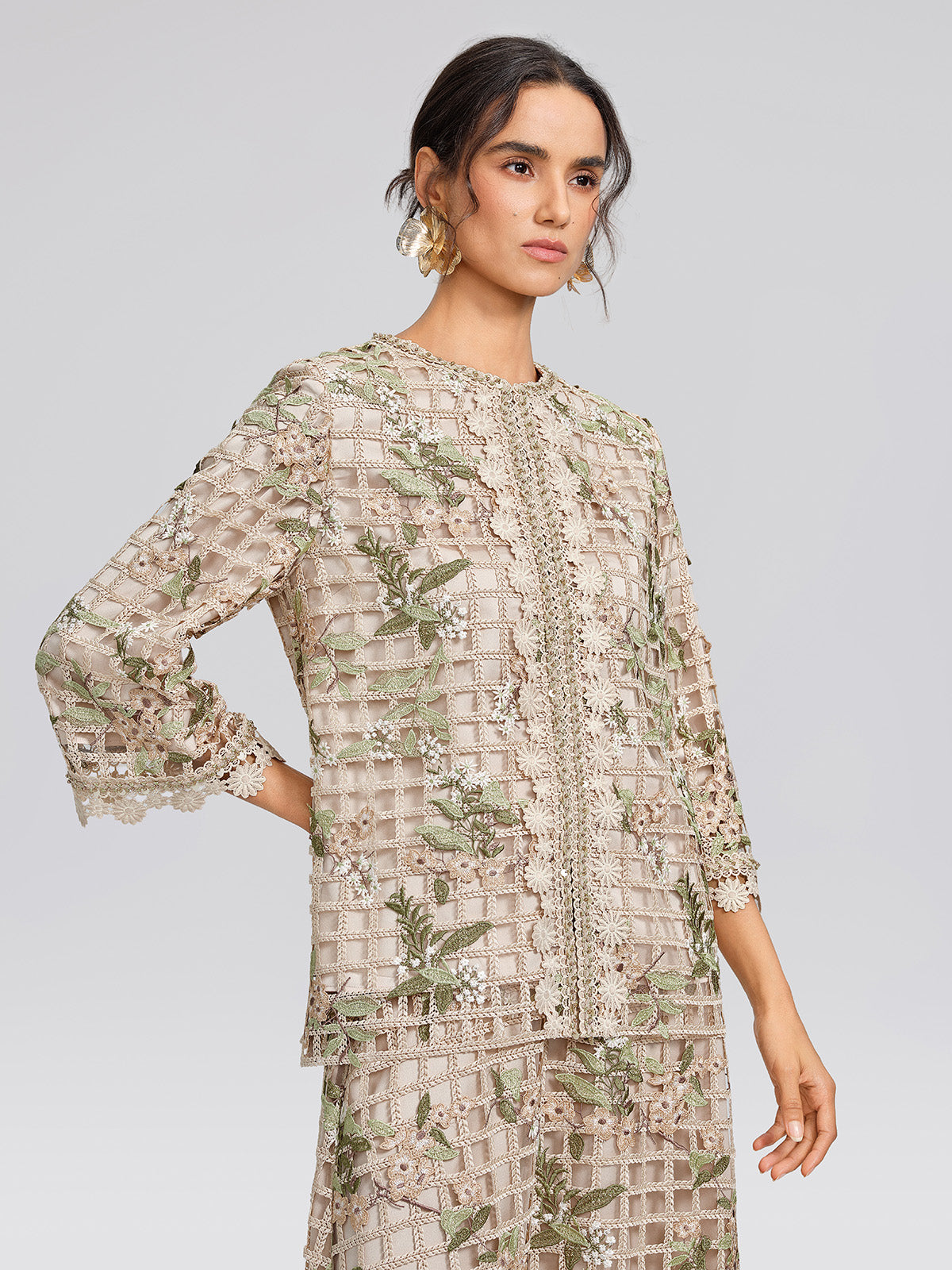 Grid Lace Floral Applique Jacket
