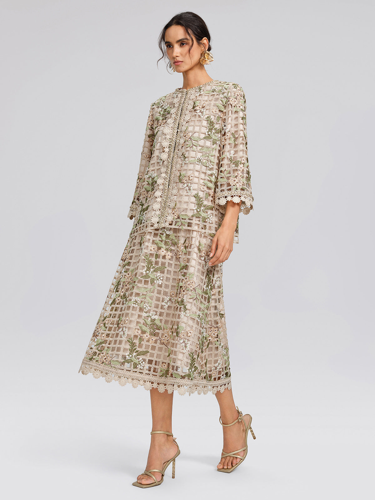 Grid Lace Floral Applique Skirt