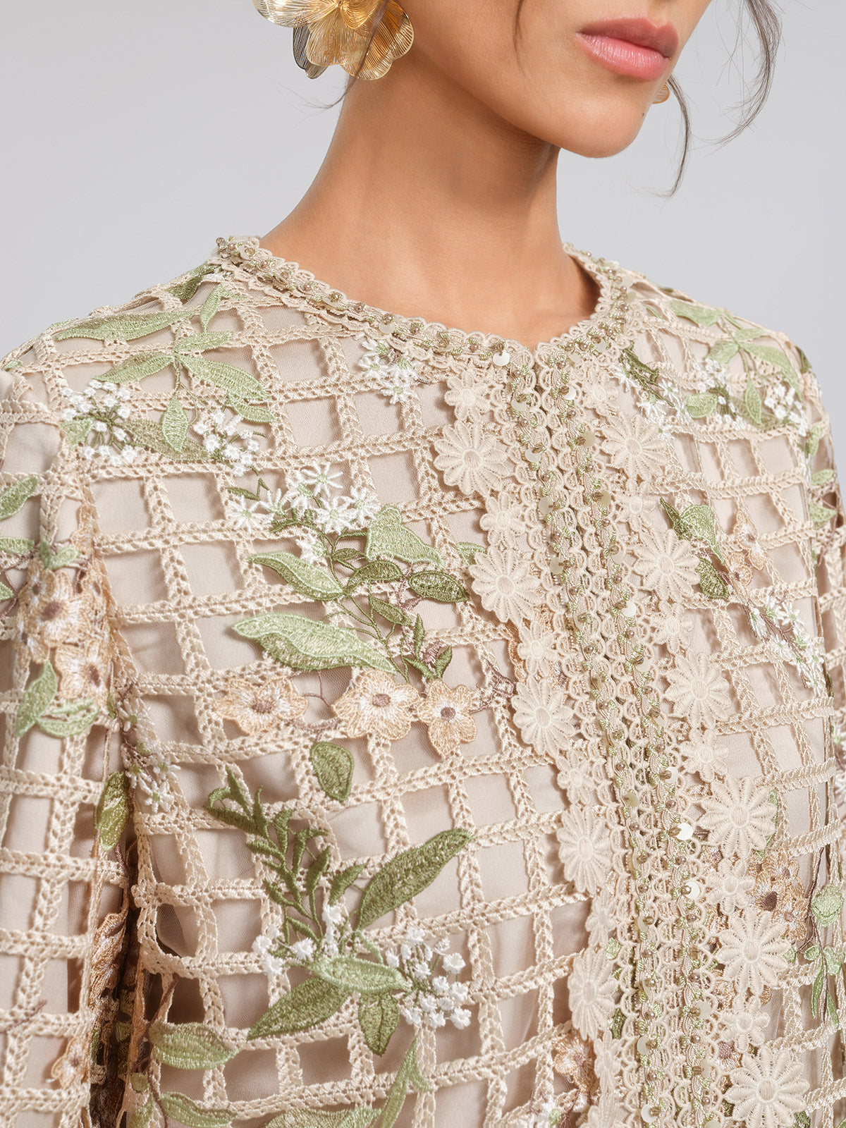 Grid Lace Floral Applique Jacket