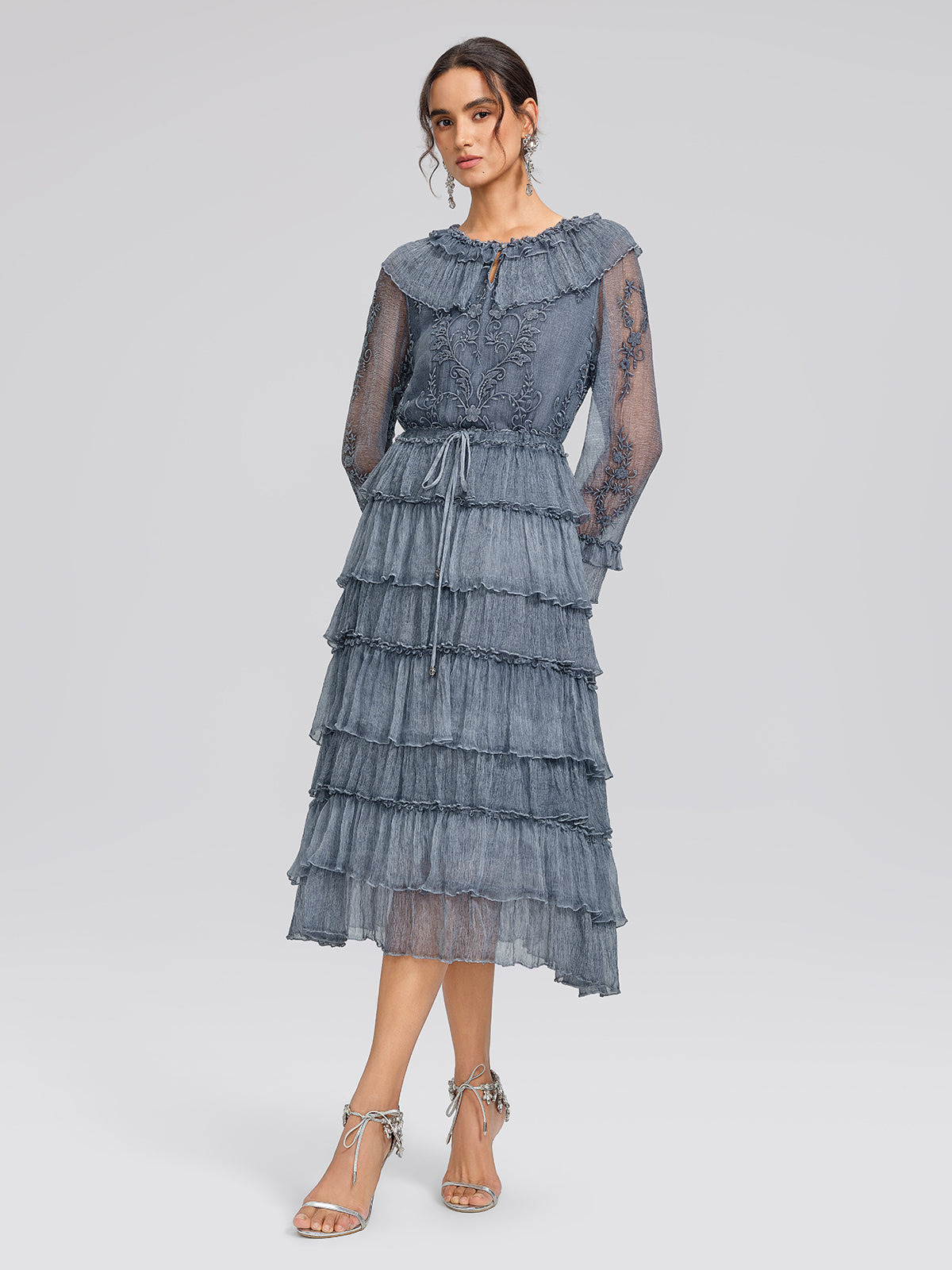 Silk Mesh Floral Embroidery Dress