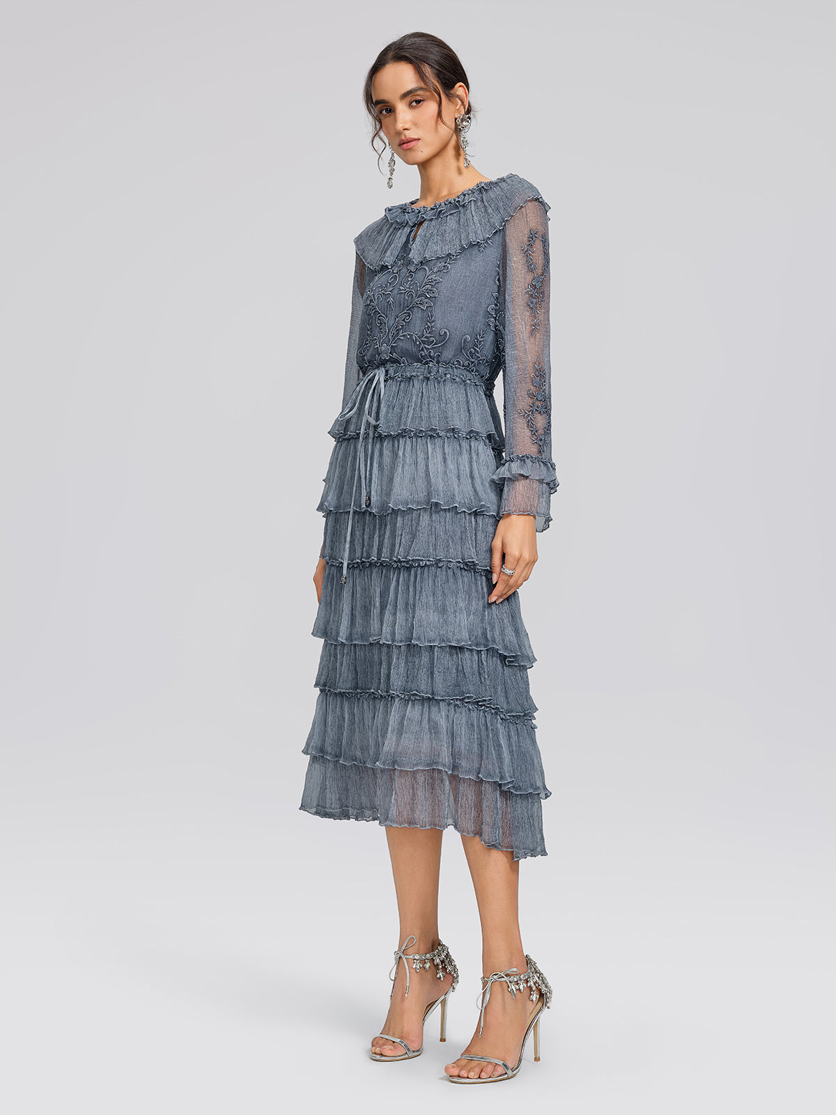 Silk Mesh Floral Embroidery Dress