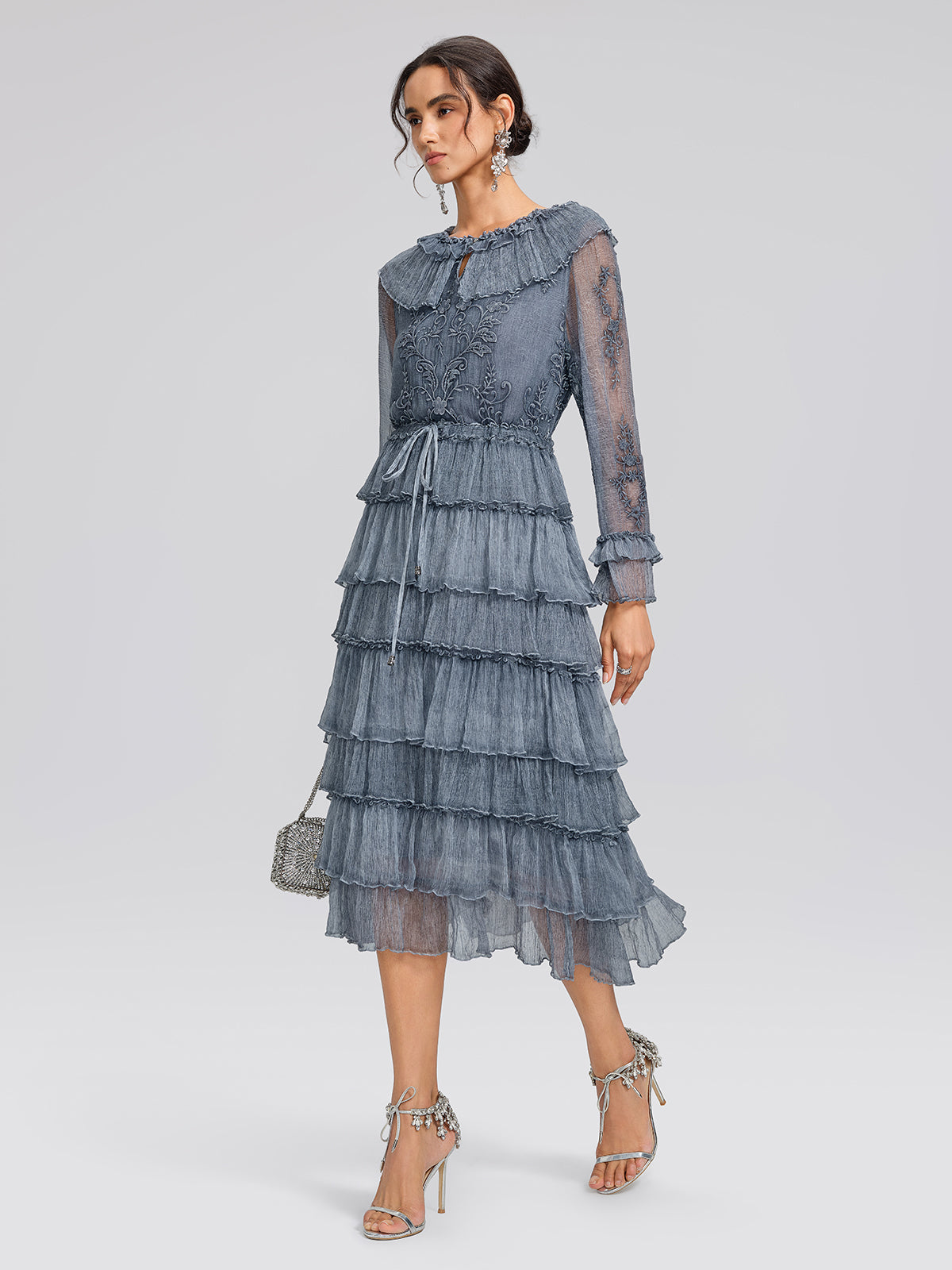 Silk Mesh Floral Embroidery Dress