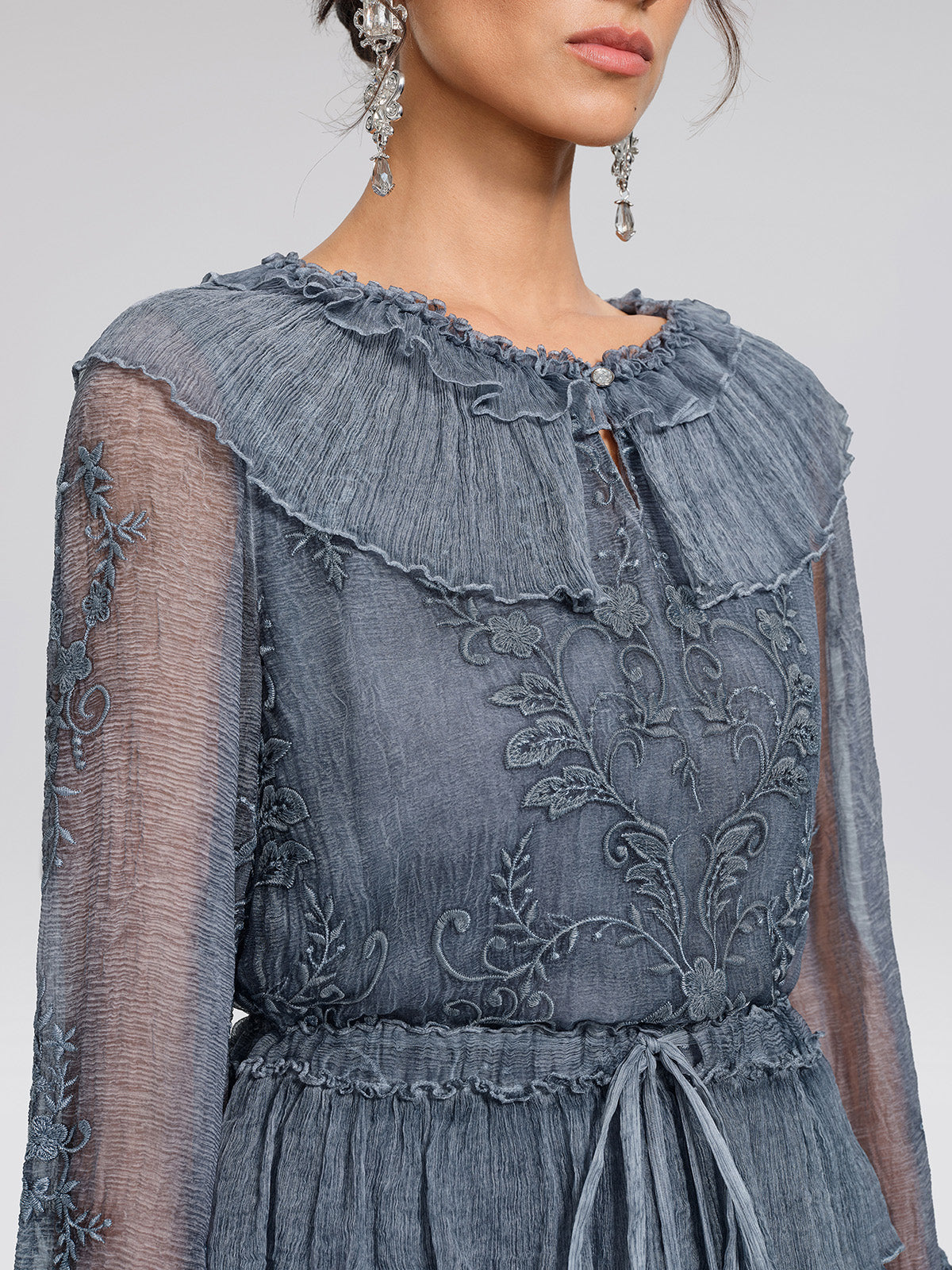 Silk Mesh Floral Embroidery Dress