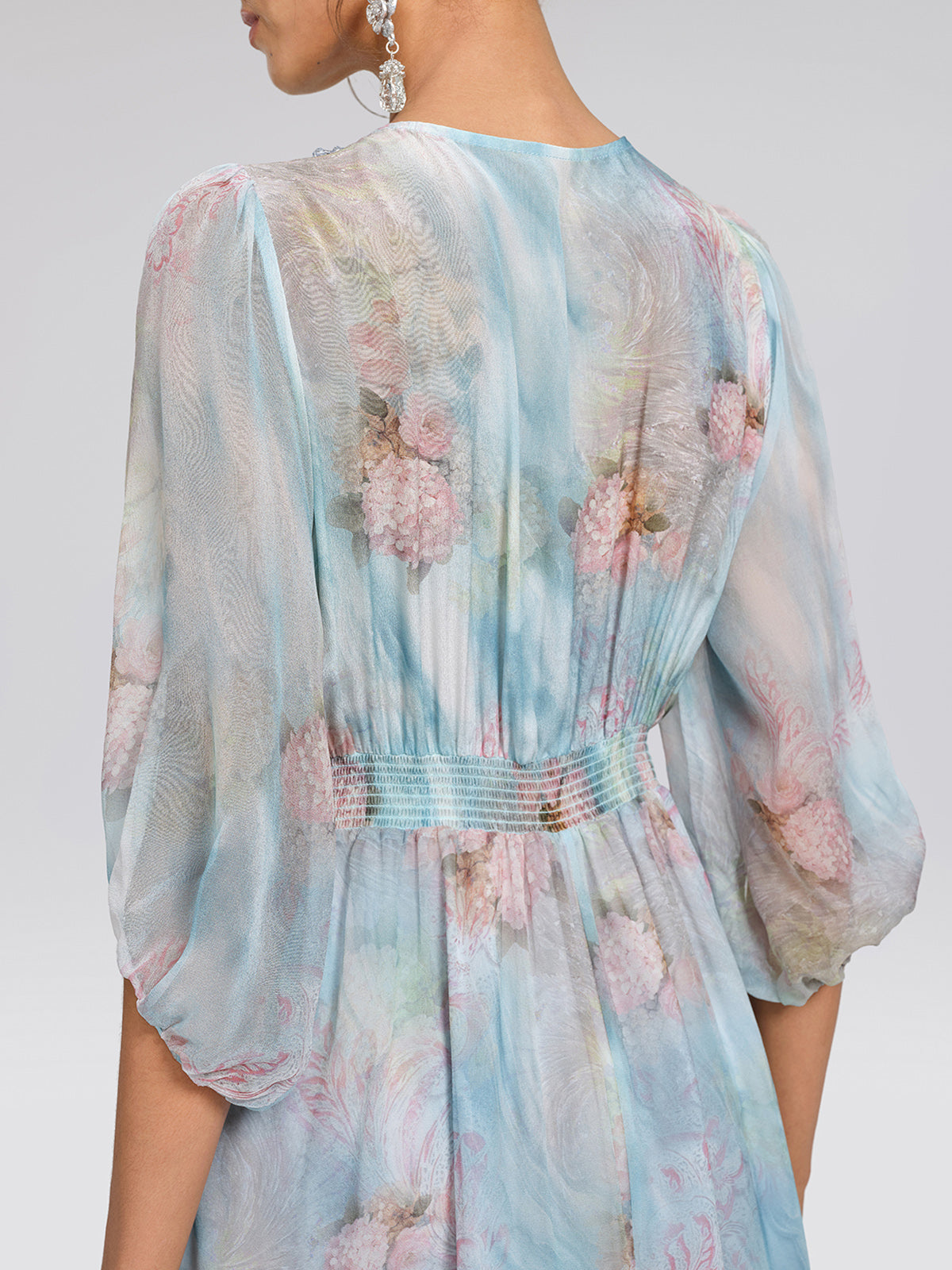 Silk Watercolor Floral 3D Flower V-Neck Waist Dress