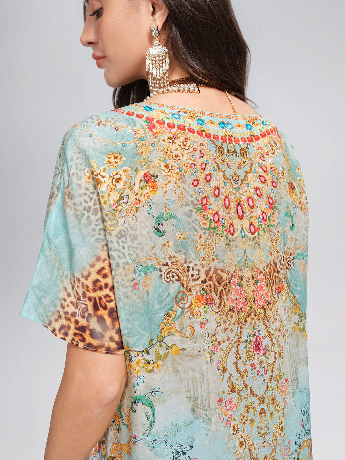 100% Silk Leopard Floral Rhinestone Asymmetric Hem Dress