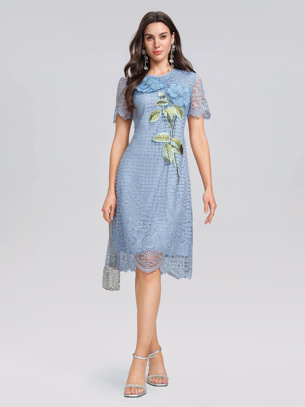 Eyelet Guipure Lace Rose Applique Dress