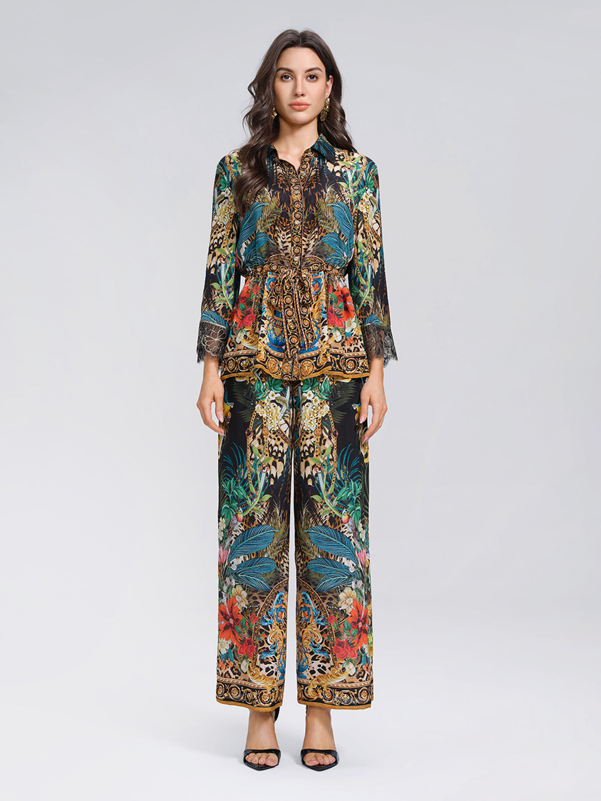 100% Silk Leopard Floral Wide Leg Pants
